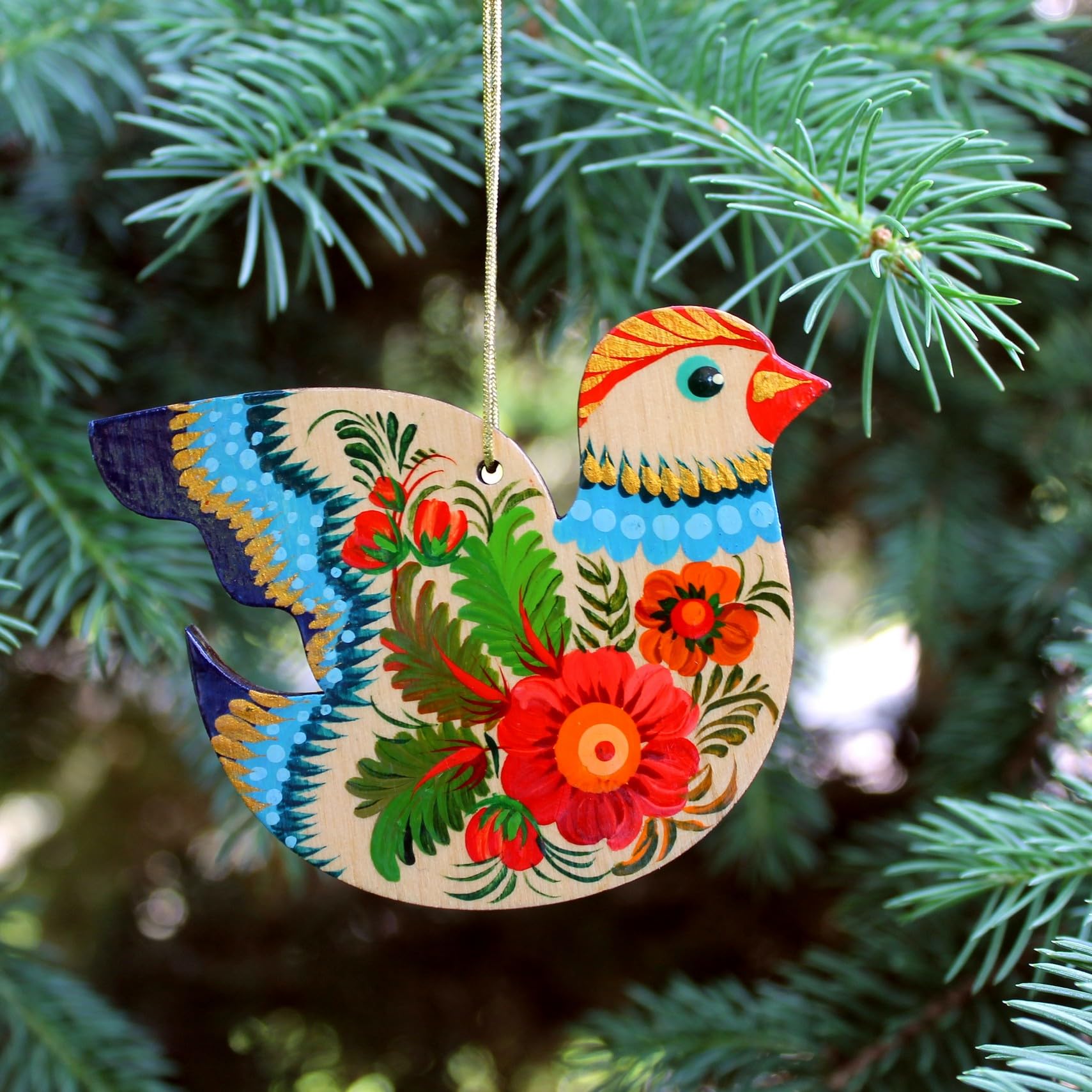 Bird Christmas Tree and Easter Ornament Rustic Ukrainian Wooden Hand Painted on Both Sides Birds Flat Decorations Traditional Co