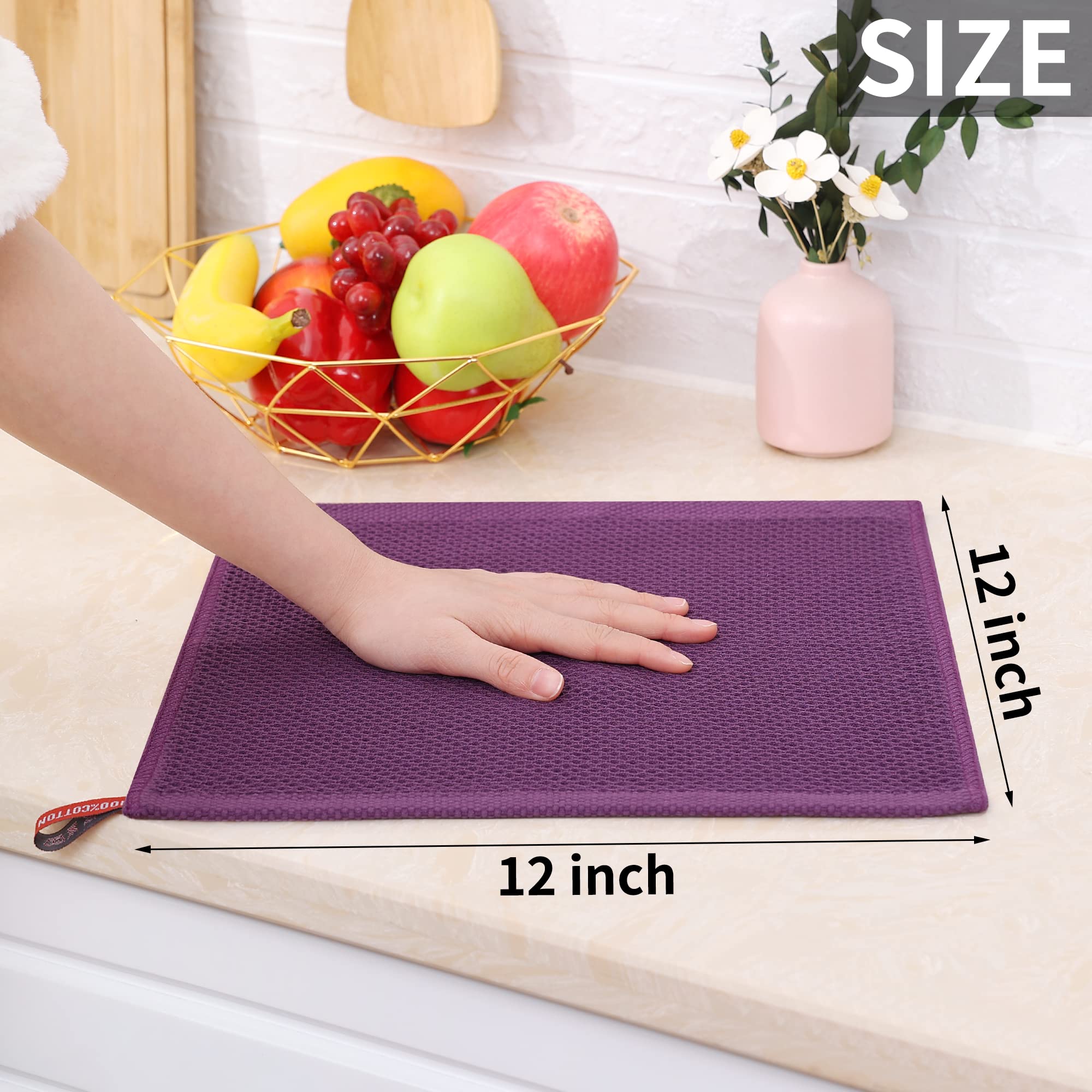Homaxy 100% Cotton Waffle Weave Kitchen Dish Cloths, Ultra Soft Absorbent Quick Drying Dish Towels, 12 x 12 Inches, 12-Pack, Pur