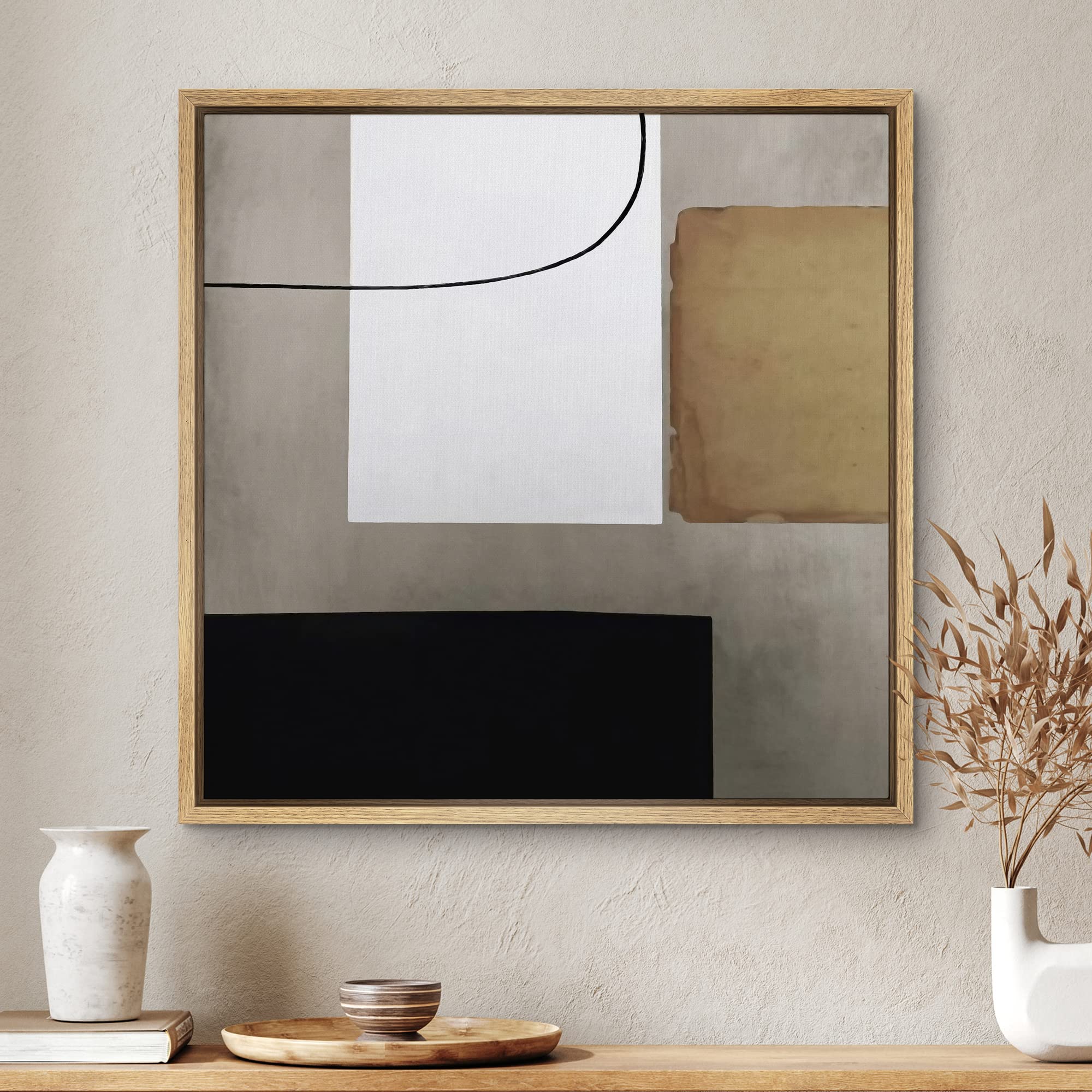Signwin Framed Canvas Print Wall Art White, Tan & Black Industrial Color Blocks Abstract Shapes Illustrations Modern Art Alterna