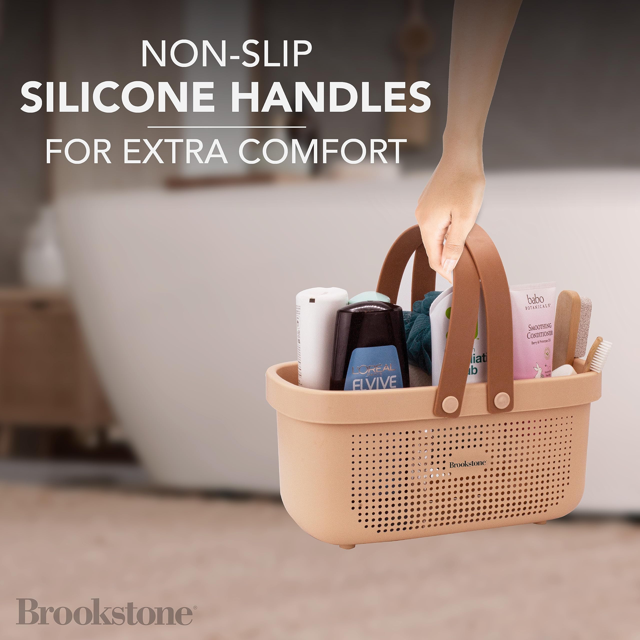 Brookstone Bkh1634, Large Portable Shower Caddy With Soft Silicone Carrying Handle, Bathroom Organizer Basket, Plastic Bath Tote