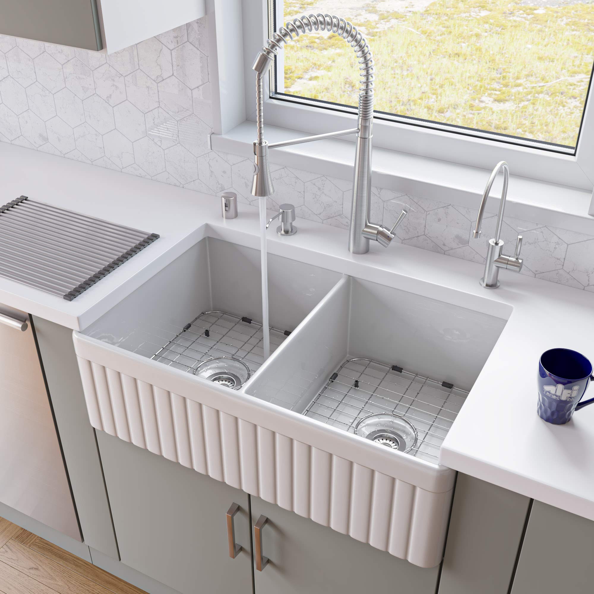 Alfi Brand Ab537 White 32-Inch Fluted Double Bowl Fireclay Farmhouse Kitchen Sink White