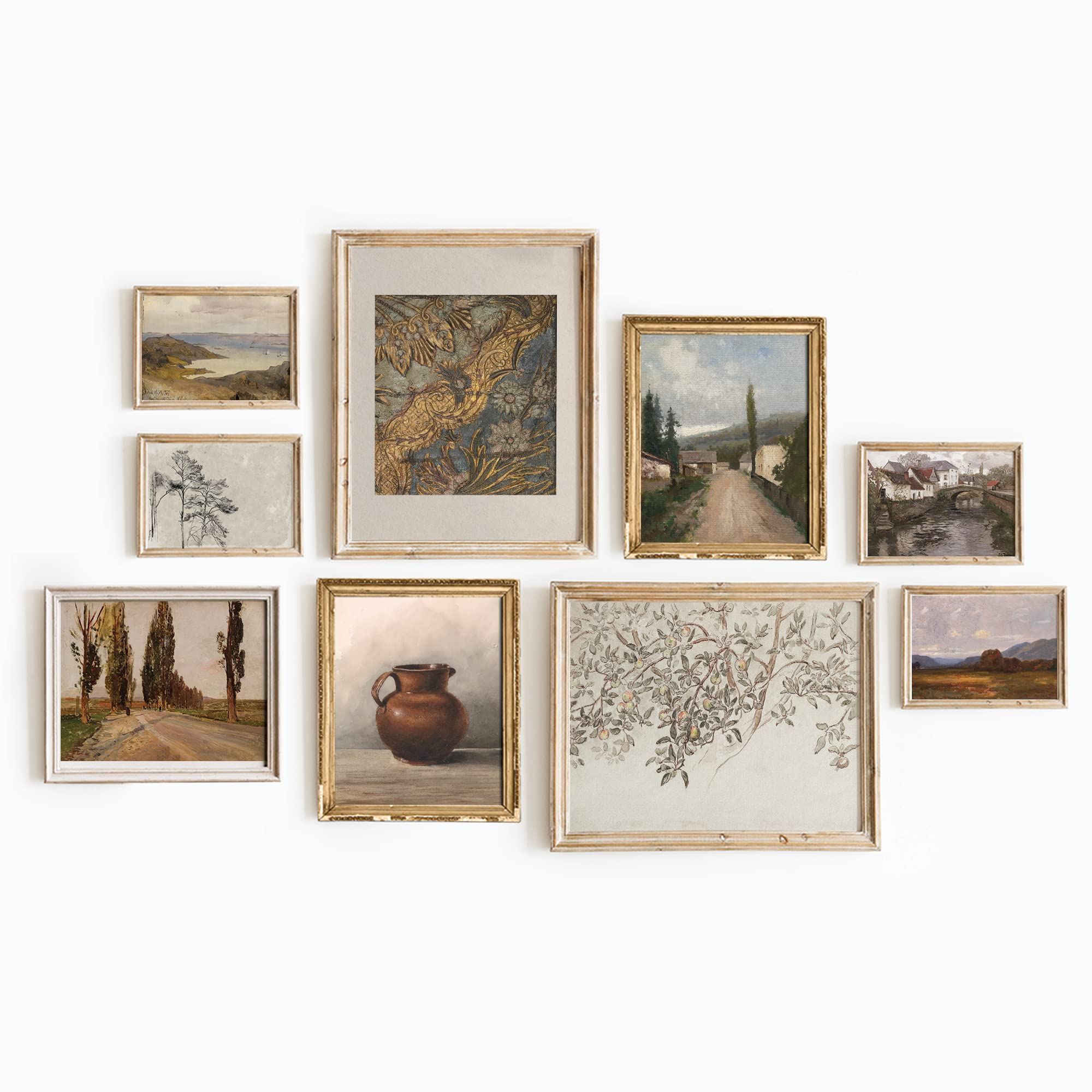 Set 9 Vintage Wall Decor French Country Gallery Wall Art - Vintage Art Wall Decor, Sketch Poster Landscape Wall Art, French Coun