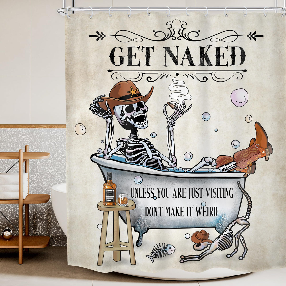 Mitpok Halloween Funny Skull Skeleton Shower Curtain 72Wx72H Western Cowboy Texas Gothic Spooky Cool Bone In Bathtub Bubbles Ret