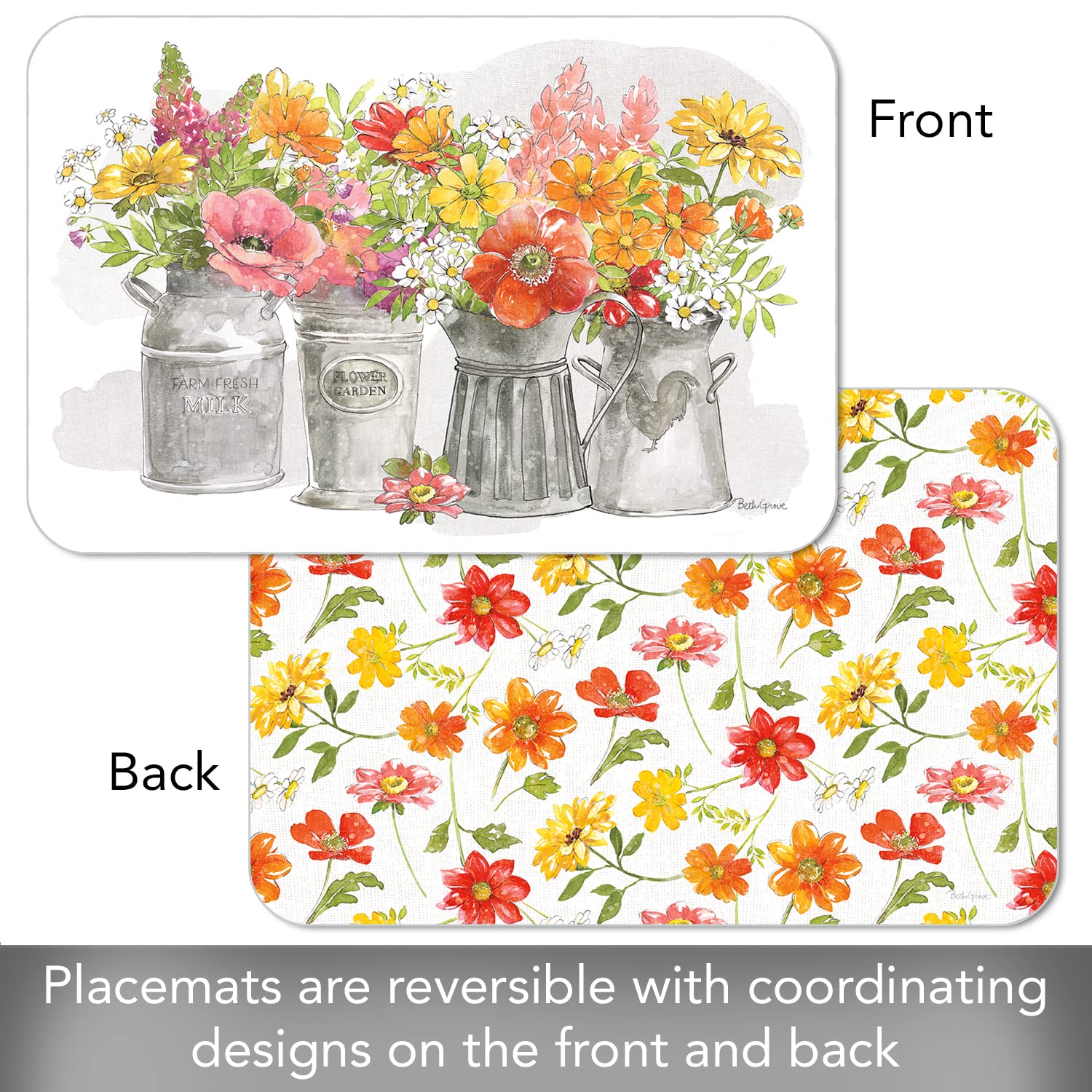 Counterart Farmhouse Floral 4 Pack Reversible Easy Care Flexible Plastic Placemats Made In The Usa Bpa Free Pvc Free Easily Wipe