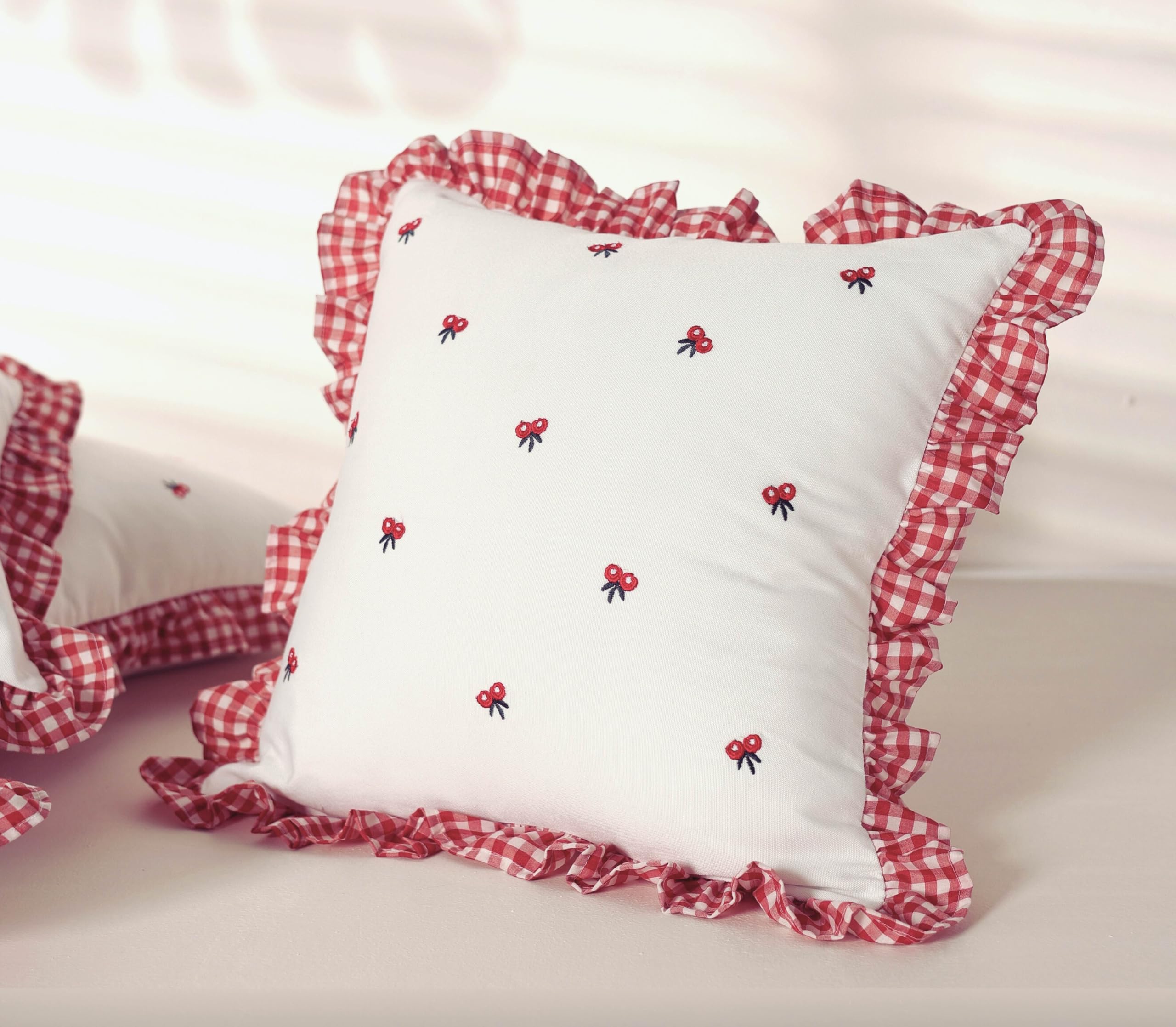 Sleepy Threads Square Cotton Cushion Cover Red & White Floral Embroidered | Set Of 4 | With Ruffle Frill Edging Throw For Sofa,L