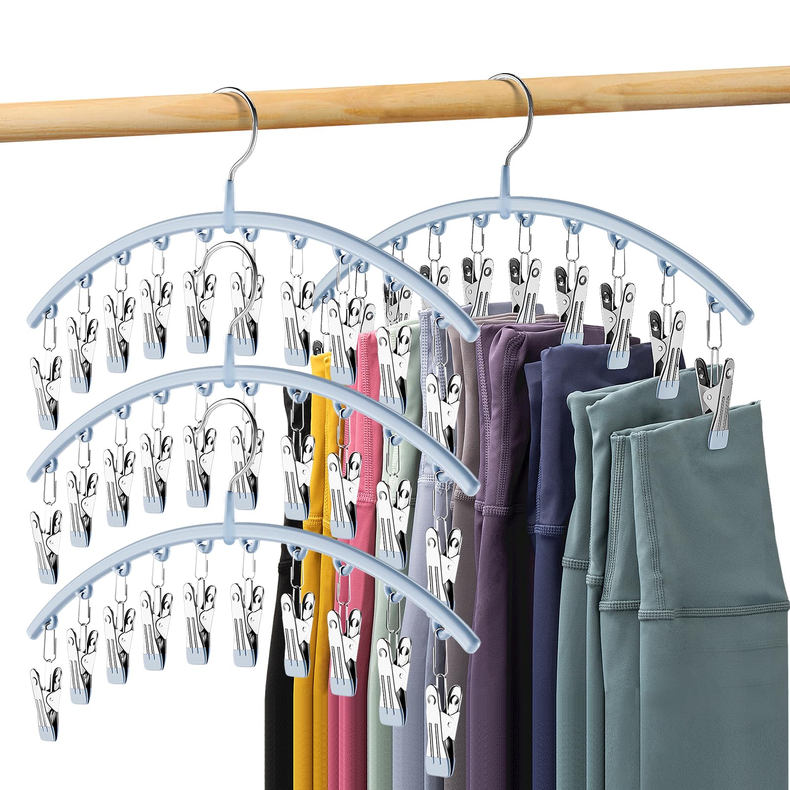 Volnamal Legging Organizer for Closet  Metal Yoga Pants Hanger w/Rubber Coated 4 Pack w/10 Clips Hold 40 Leggings  Hangers Space Saving Hanging Closet Organizer for Closet Organizers and Storage  Blue