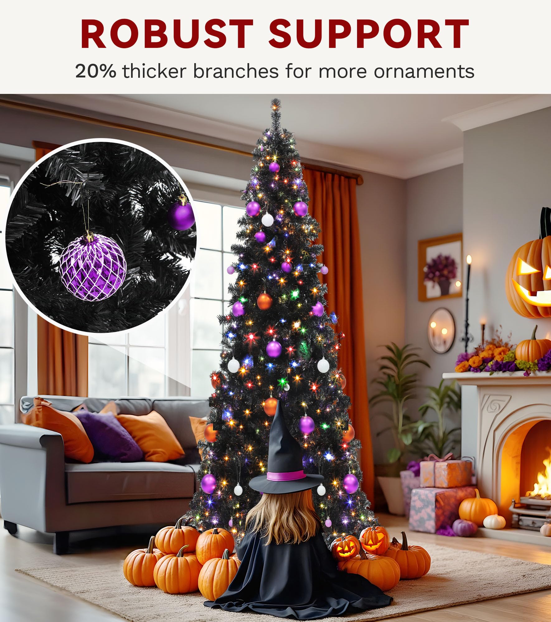 DWVO Pre-Lit Slim Artificial Pencil Tree 7.5ft, Black Hinged Design for Halloween and Christmas with 1000 Branch Tips and 350 Li