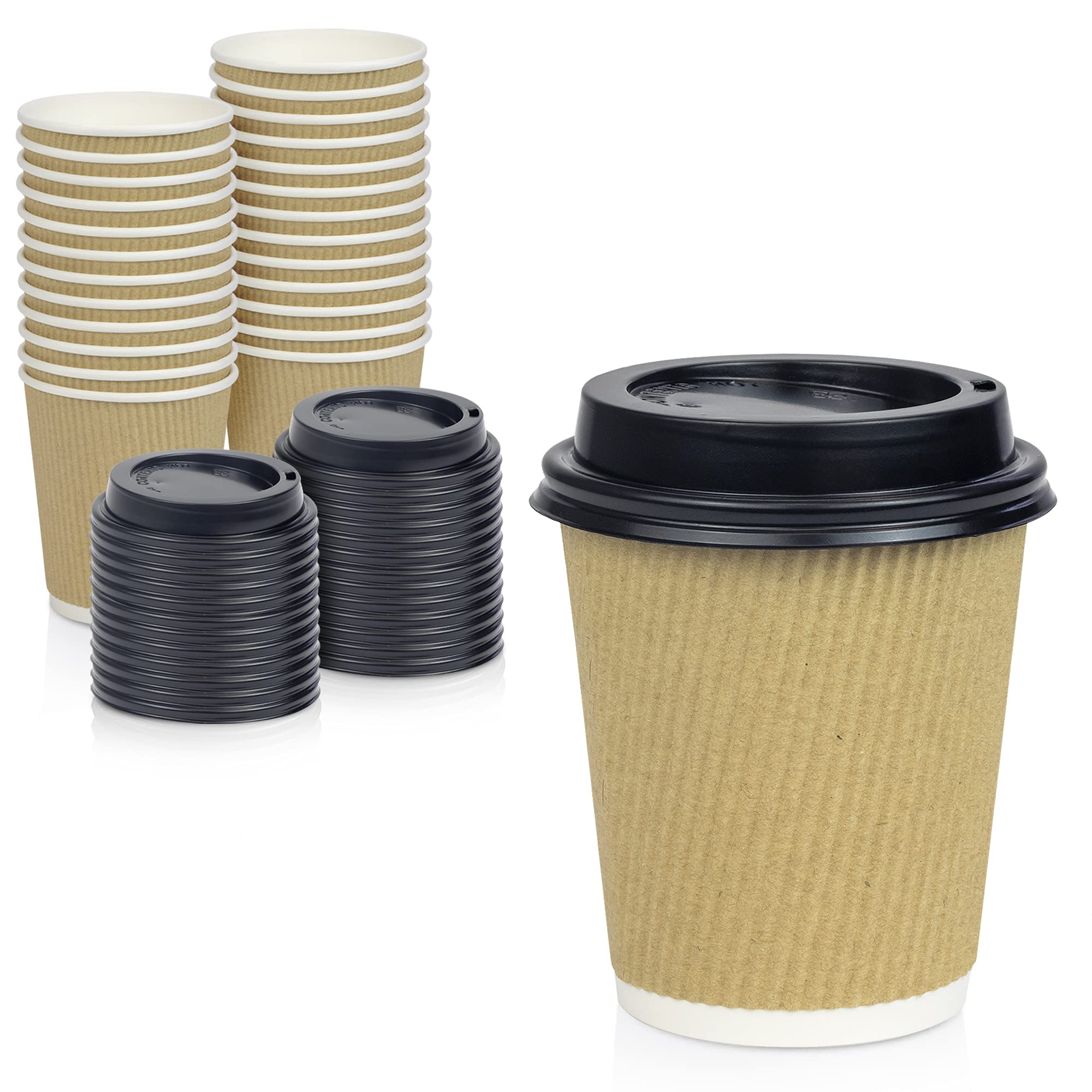 Fit Meal Prep [50 Pack] Disposable Hot Cups With Lids - 8 Oz Brown Double Wall Insulated Ripple Sleeves Coffee Cups With Black D