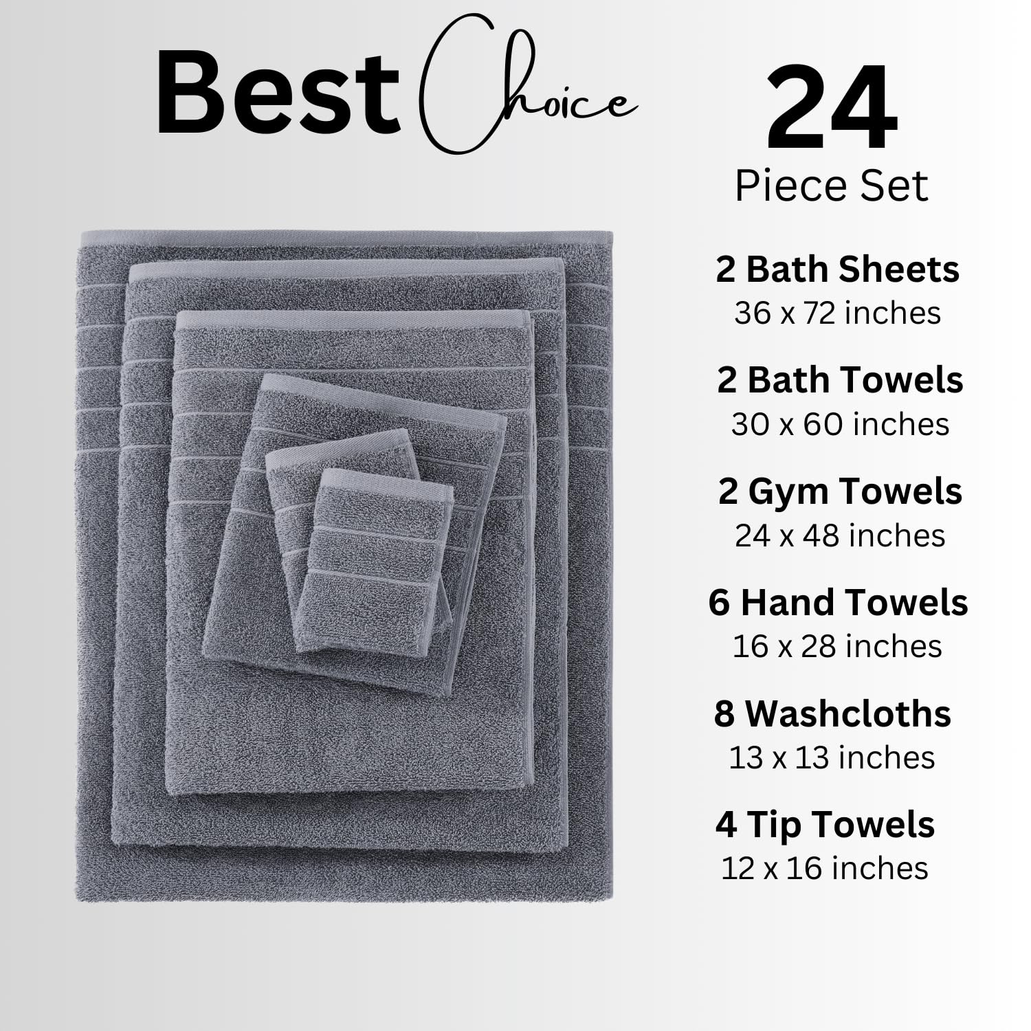 Casa Platino 24 Piece 100% Cotton Towels Set, 2 Bath Sheets, 2 Large Bath Towels(30''X 60''), 2 Gym Towels(24'' X 48''), 6 Hand