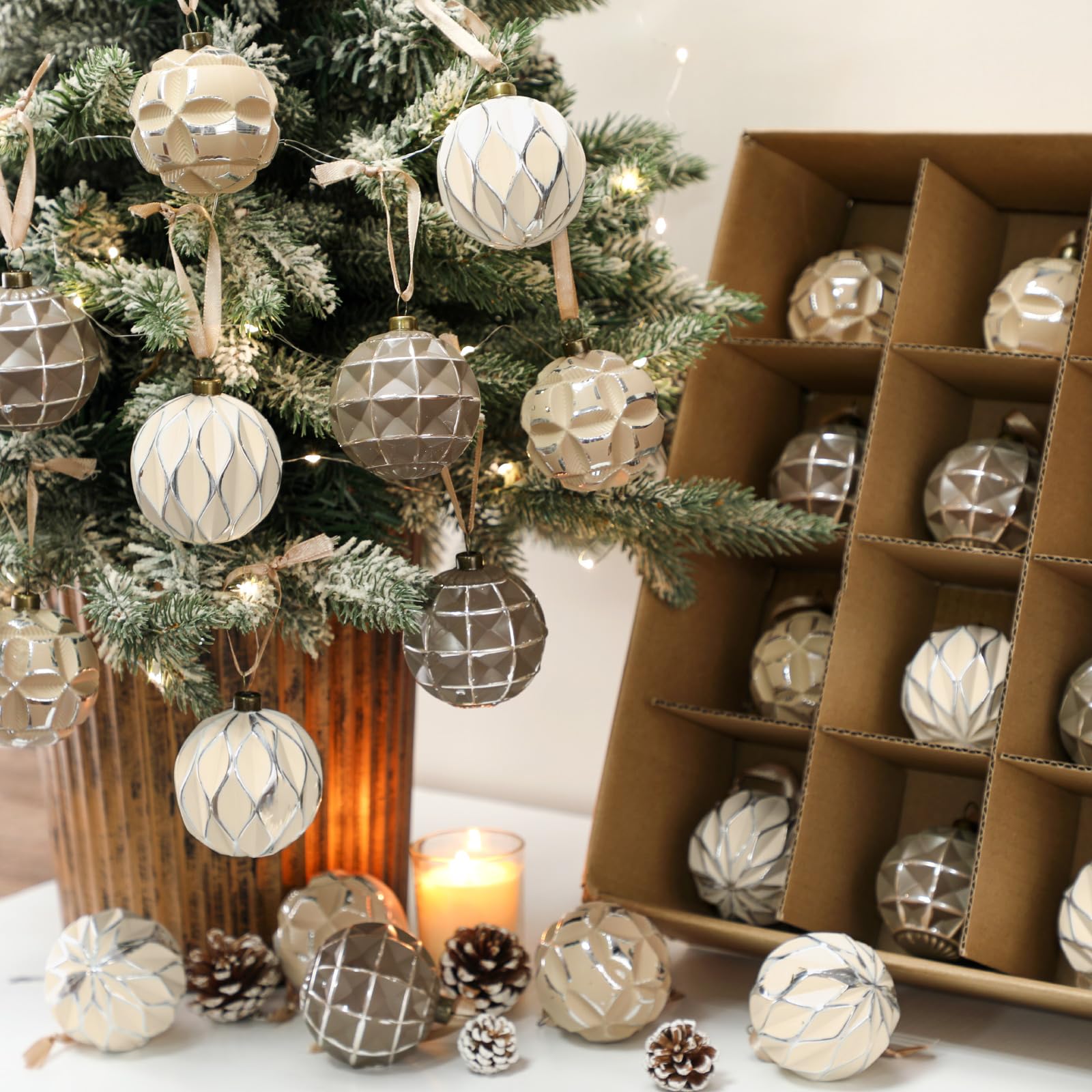 Syhood 24 Pcs Neutral Textured Christmas Ball Ornaments 2.4 Inch Vintage Boho Cream Beige Brown Xmas Bulbs Rustic Distressed Xma