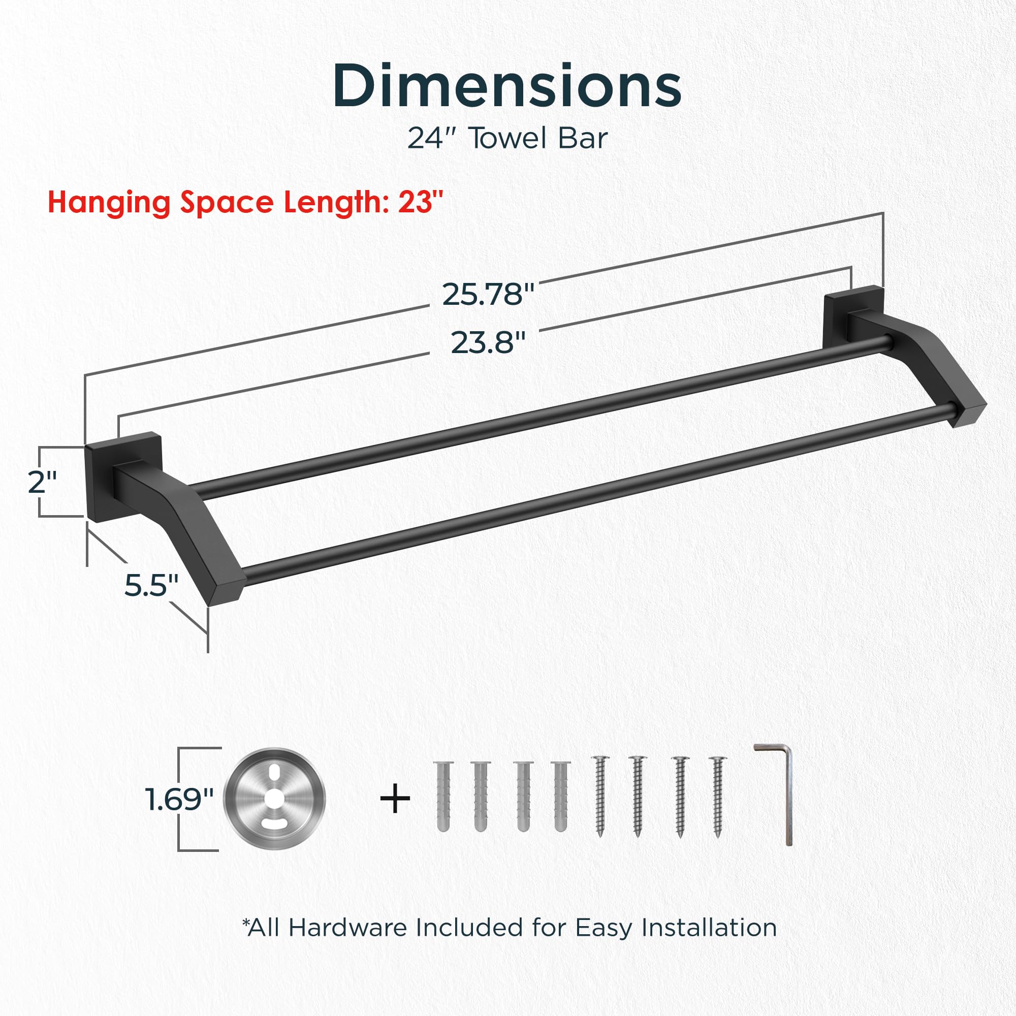 Forious Double Towel Bar, 24 Inch Dual Towel Racks For Bathroom Wall Mounted, Thicken Sus304 Stainless Steel Bath Square Towel R