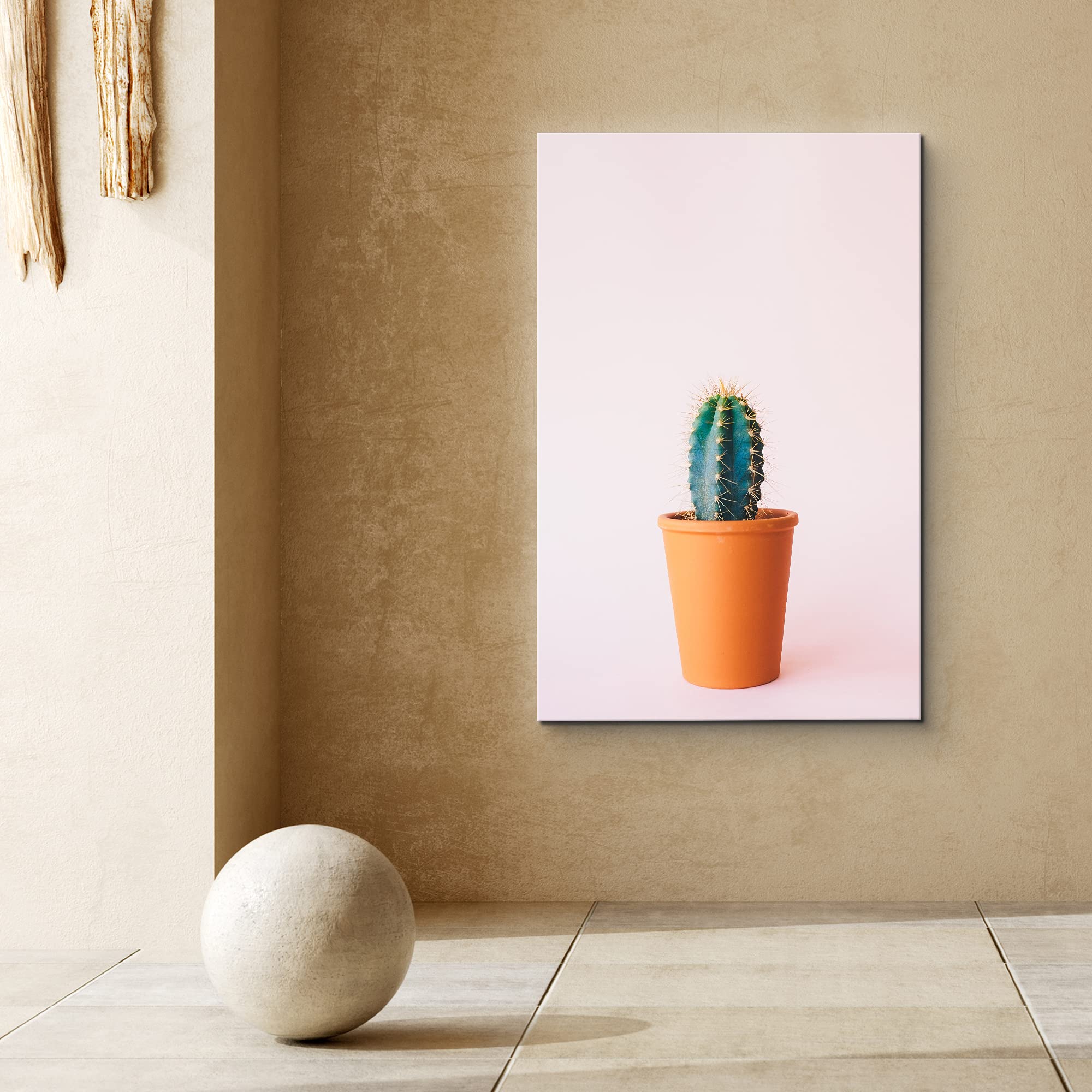 Signford Canvas Print Wall Art Green Cactus In Brown Clay Pot Floral Plants Photography Realism Southwest Relax/Calm Multicolor