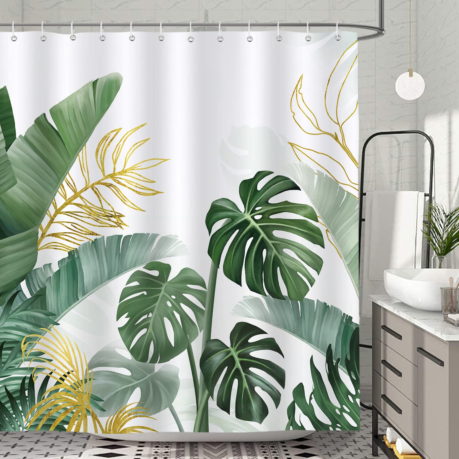 Bonhause Tropical Leaves Shower Curtain, Gold Green Palm Banana Leaf Monstera Plant Palm Bathroom Curtain 72x72 Inch Polyester F