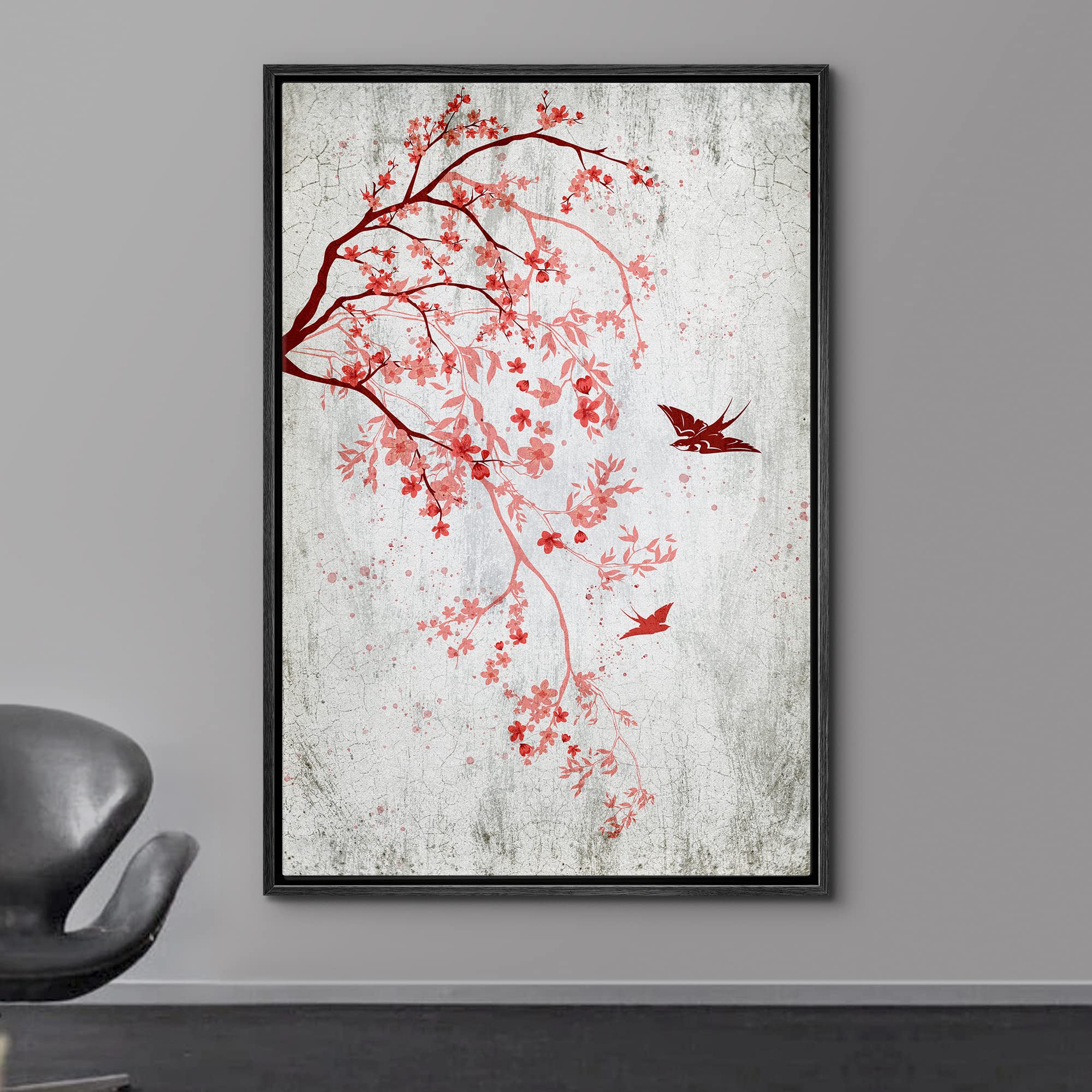 Wall26 Framed Canvas Print Wall Art Retro Style Cherry Blossom Tree Bird Nature Wilderness Illustrations Modern Art Decorative R
