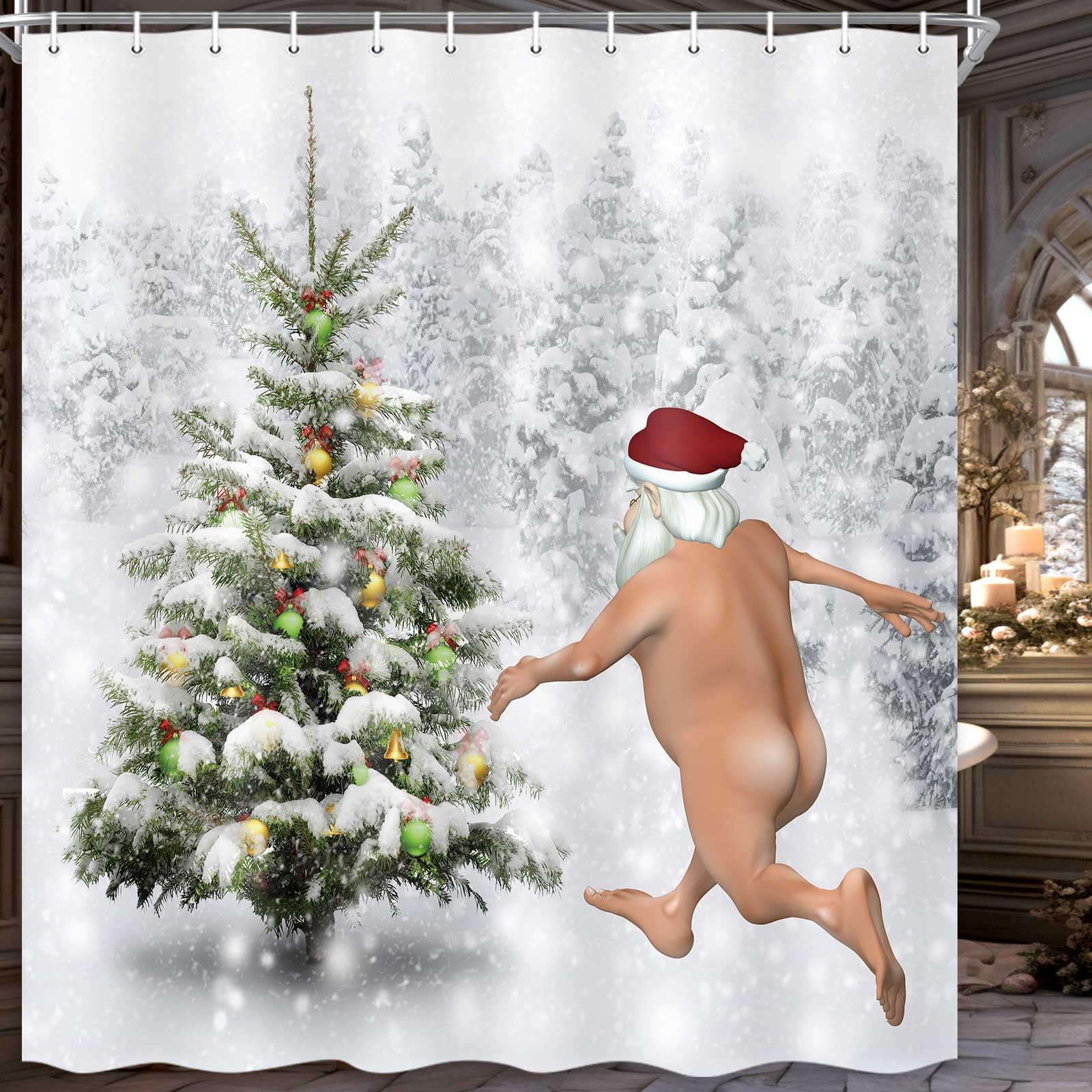 Merchr Funny Christmas Santa Claus Shower Curtain, Christmas Tree Winter Forest Snowflake Bathroom Curtains, Durable Waterproof