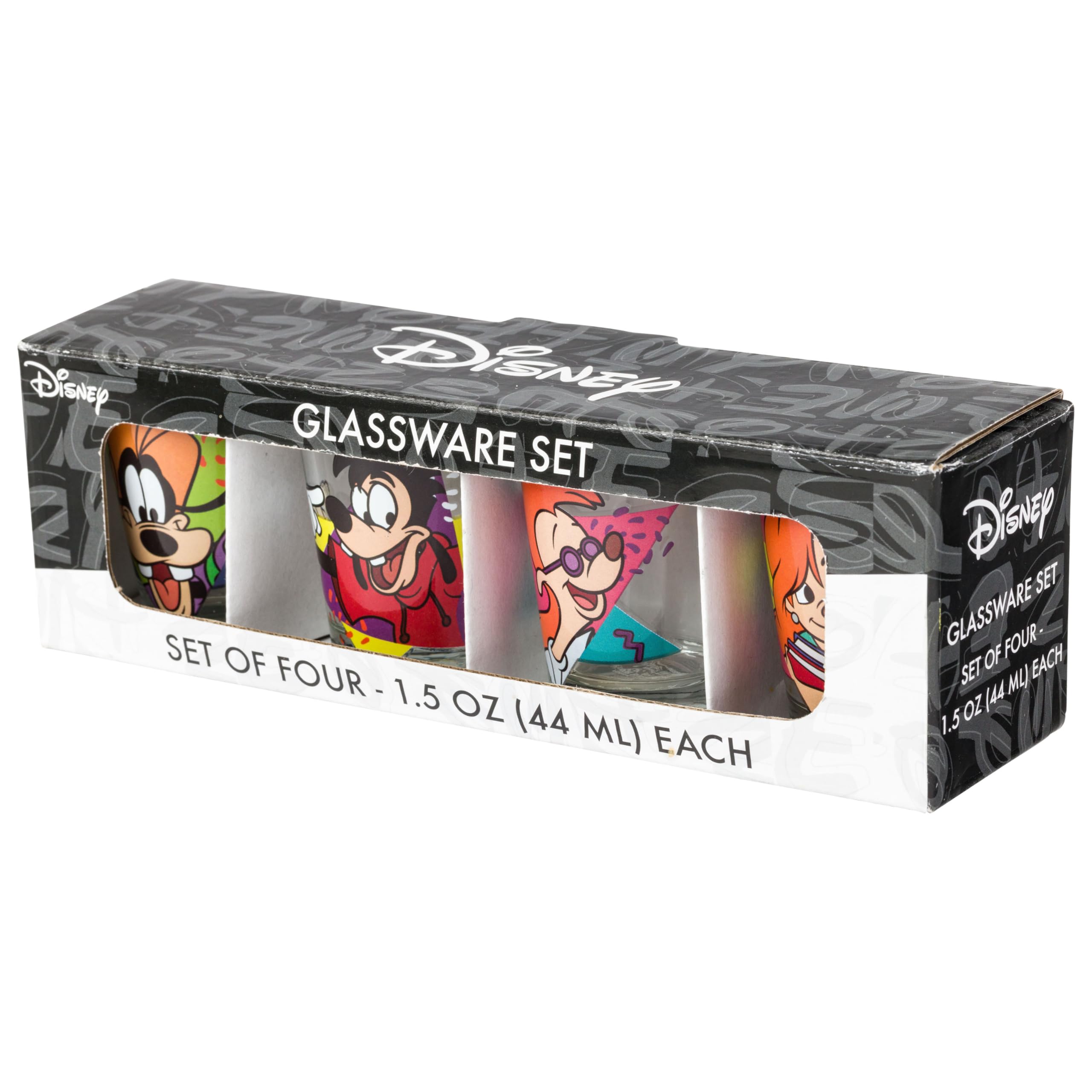 Silver Buffalo Disney A Goofy Movie Featuring Goofy, Max Goof, Roxanne And Bobby Zimuruski 4 Pack Mini Glass Set, 1.5 Ounces