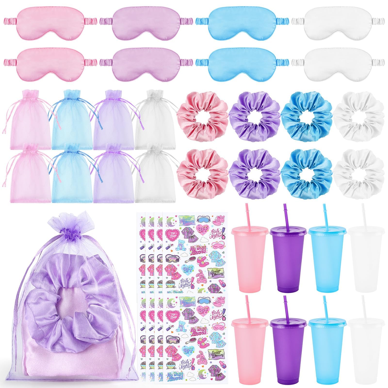YLOLUL 36 Pcs Spa Sleepover Party Supplies for Girls Makeup Party Favor with 8 Eye Masks 8 Plastic Cups 8 Stickers 8 Hair Ropes 