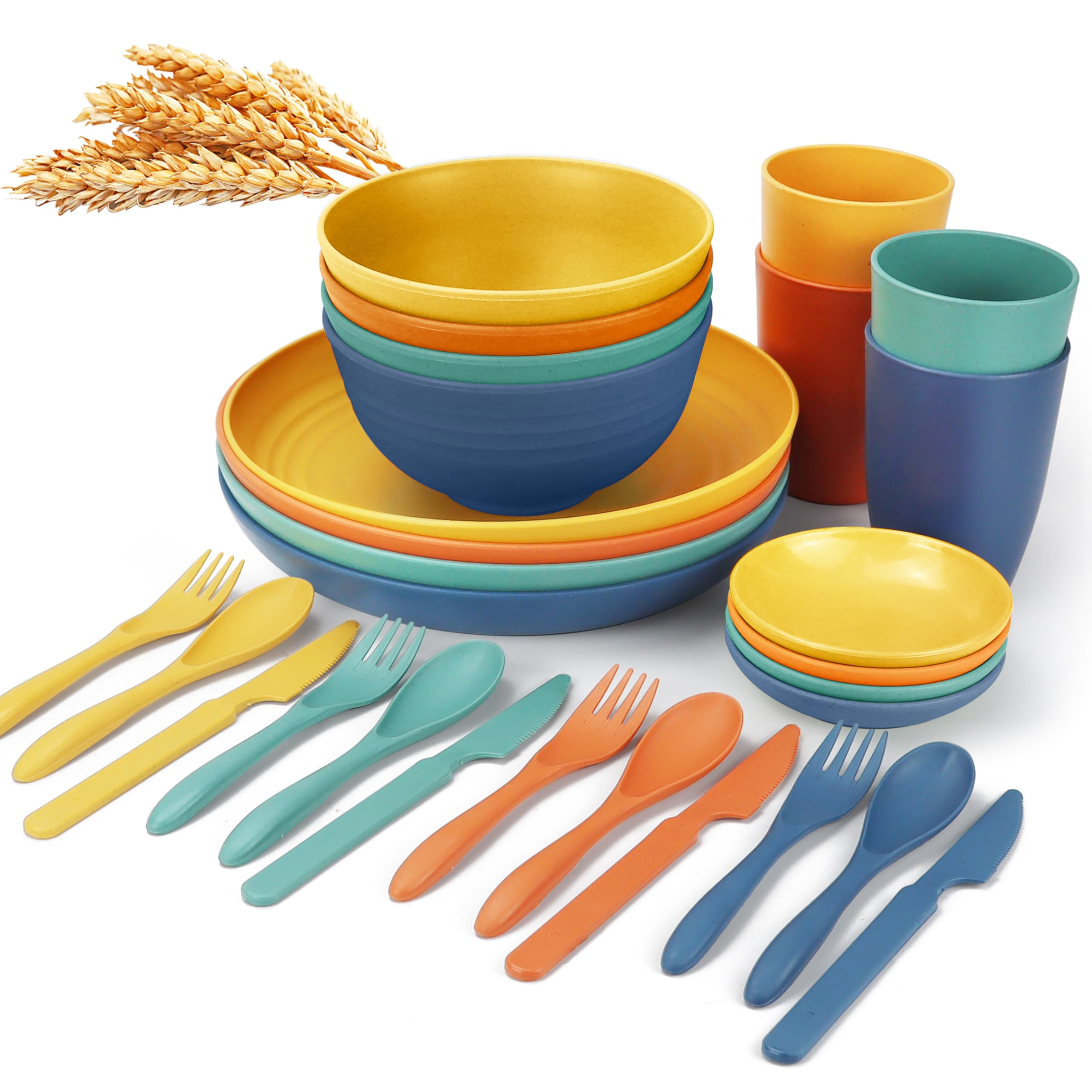Wrova Wheat straw plates and bowls sets with cutlery - Unbreakable wheat straw dinnerware sets of 28 - Microwave safe plates,bow