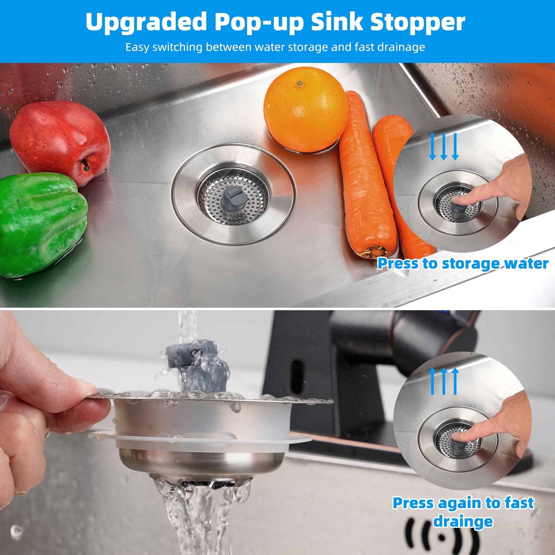 Hibbent 3 In 1 Kitchen Sink Drain Strainer, Stainless Steel Drain Stopper Combo, Pop Up Sink Stopper, Anti-Clogging Metal Basket
