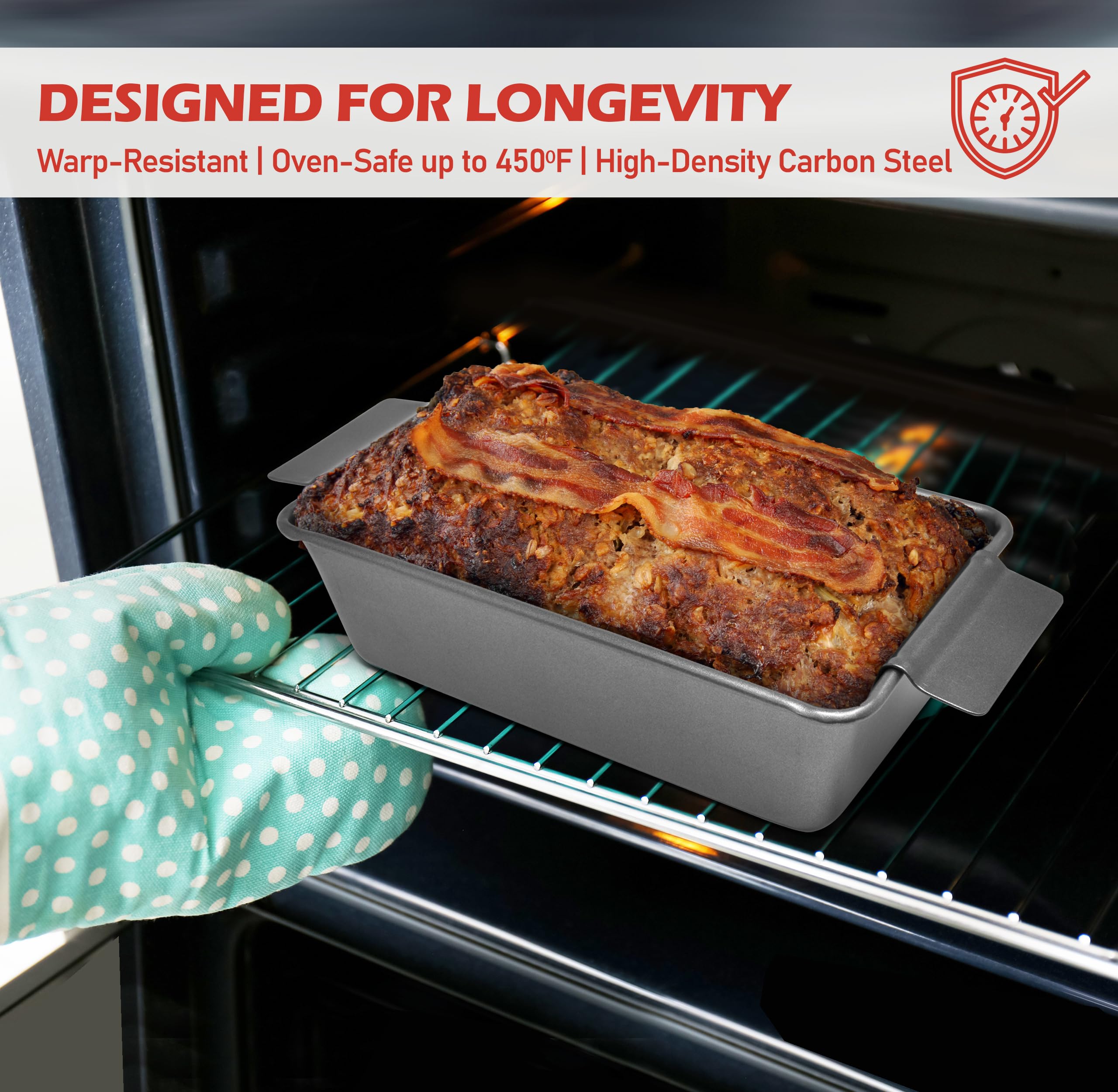 PERLLI Nonstick Meat Loaf Pan Set with Drip Tray, High-Carbon Steel, 9.8 x 5.7 In., Gray, BPA-Free, Ideal for Baking & Ro