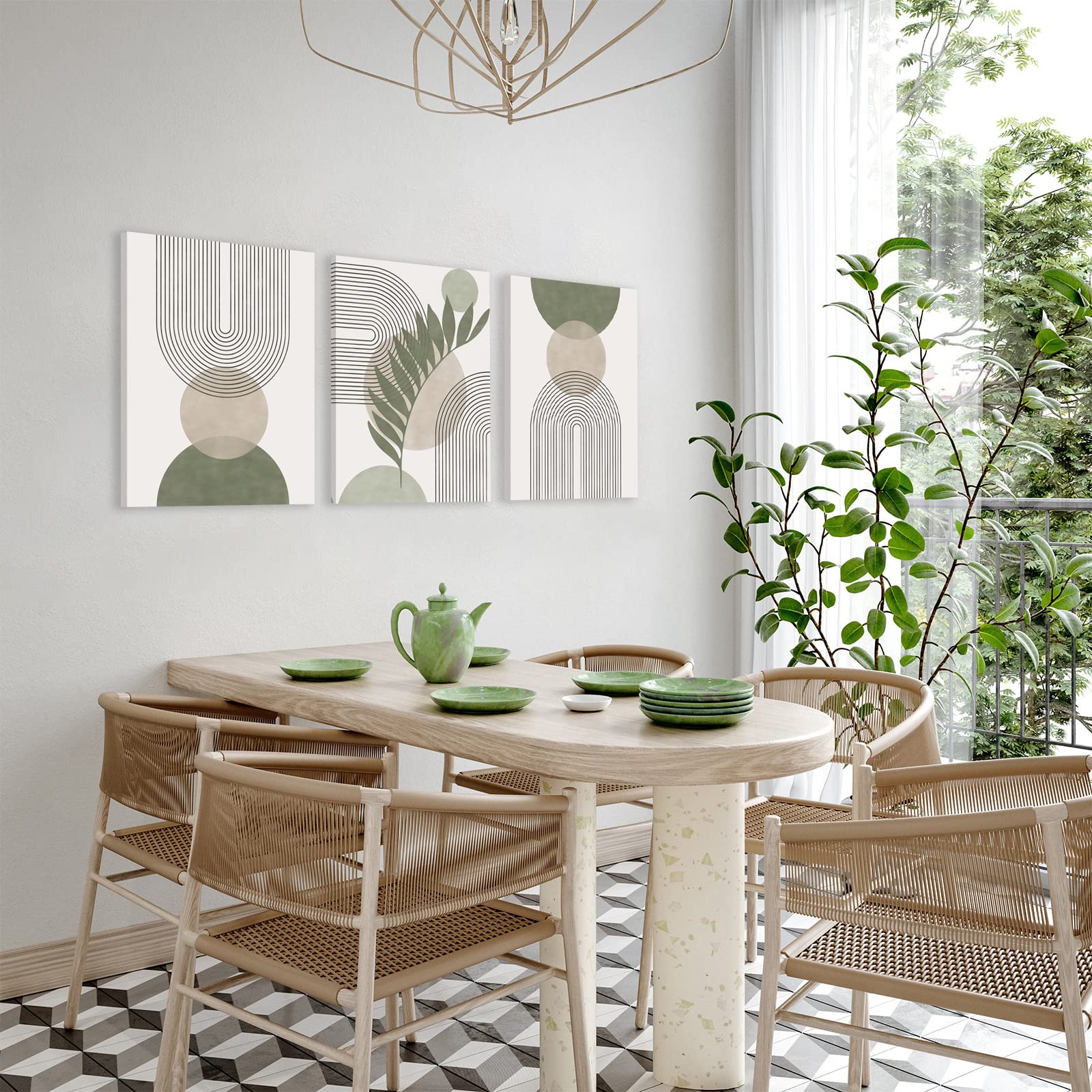 Sage Green Boho Wall Art Set Of 3, Minimalist Framed Wall Art Geometric Line Leaf Sun Moon Beige Green Canvas Artwork Paintings,