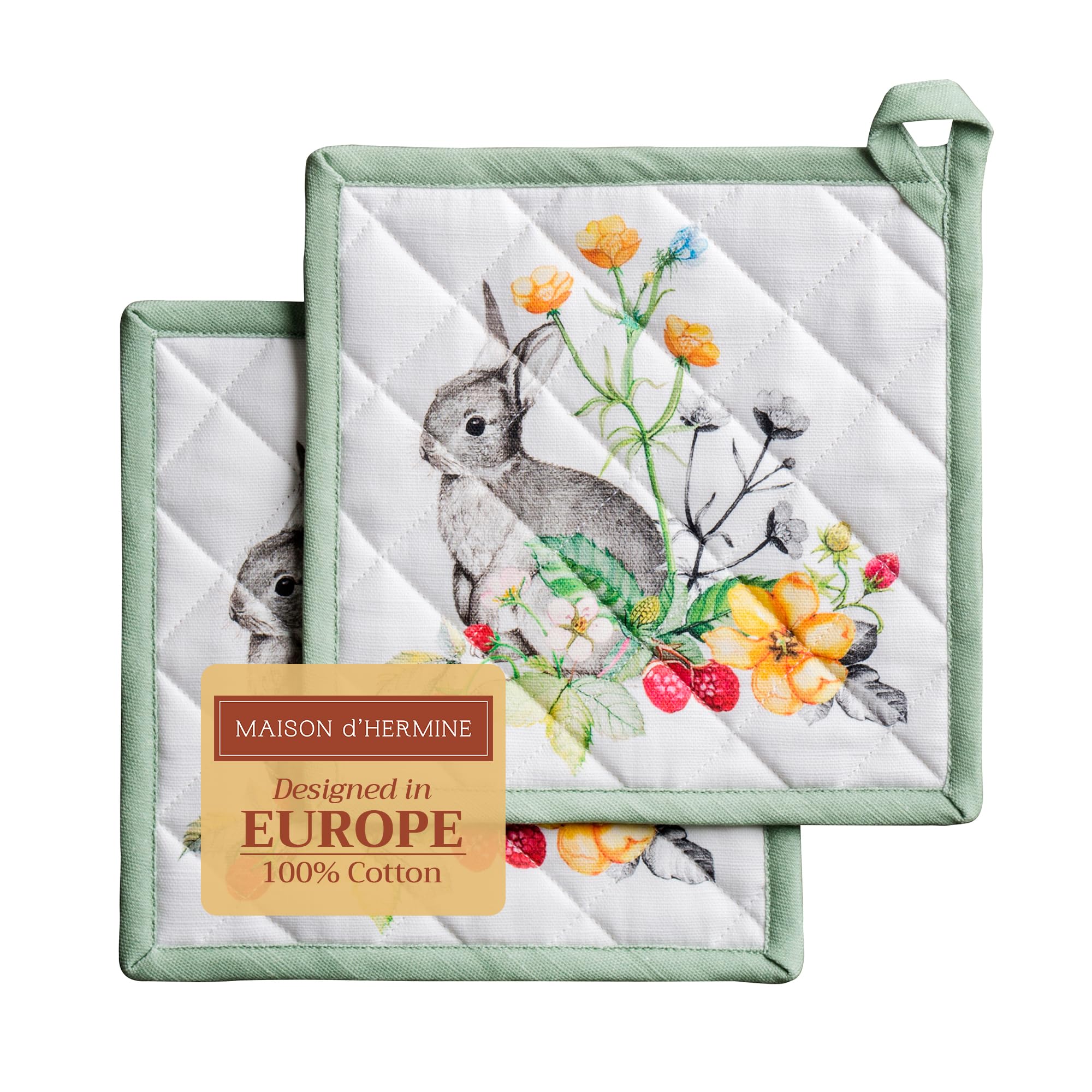 Maison d' Hermine Pot Holder 100% Cotton Heat Resistant Hot Pads with Loop Set of 2 Potholder for Gifts Grilling Microwave  Handling Hot Pans  Printemps - Spring/Summer (8 Inch x 8 Inch)
