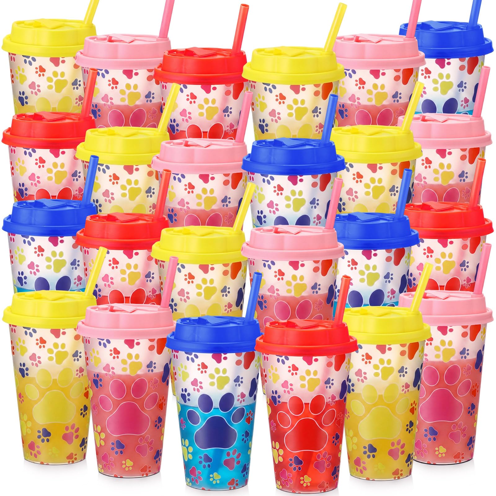 Spcvehaciast 24 Packs Dog Paw Party Favors Goodie Cups with Lids and Straws