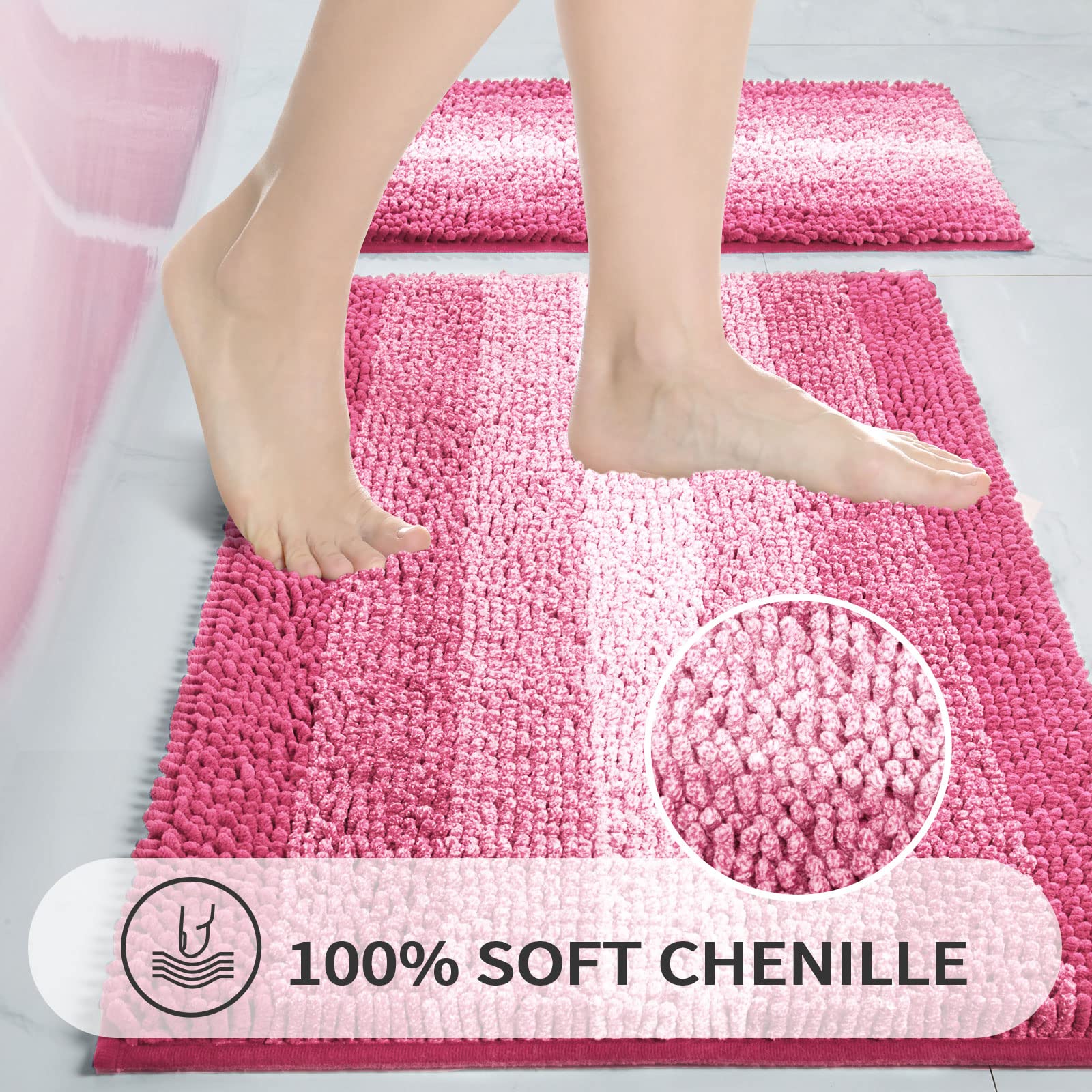 Gibelle Pink Bathroom Rug Set 2 Piece, Chenille Non Slip Bath Mat Set, Absorbent Shower Rug And Bath Room Floor Mats, Quick Dry