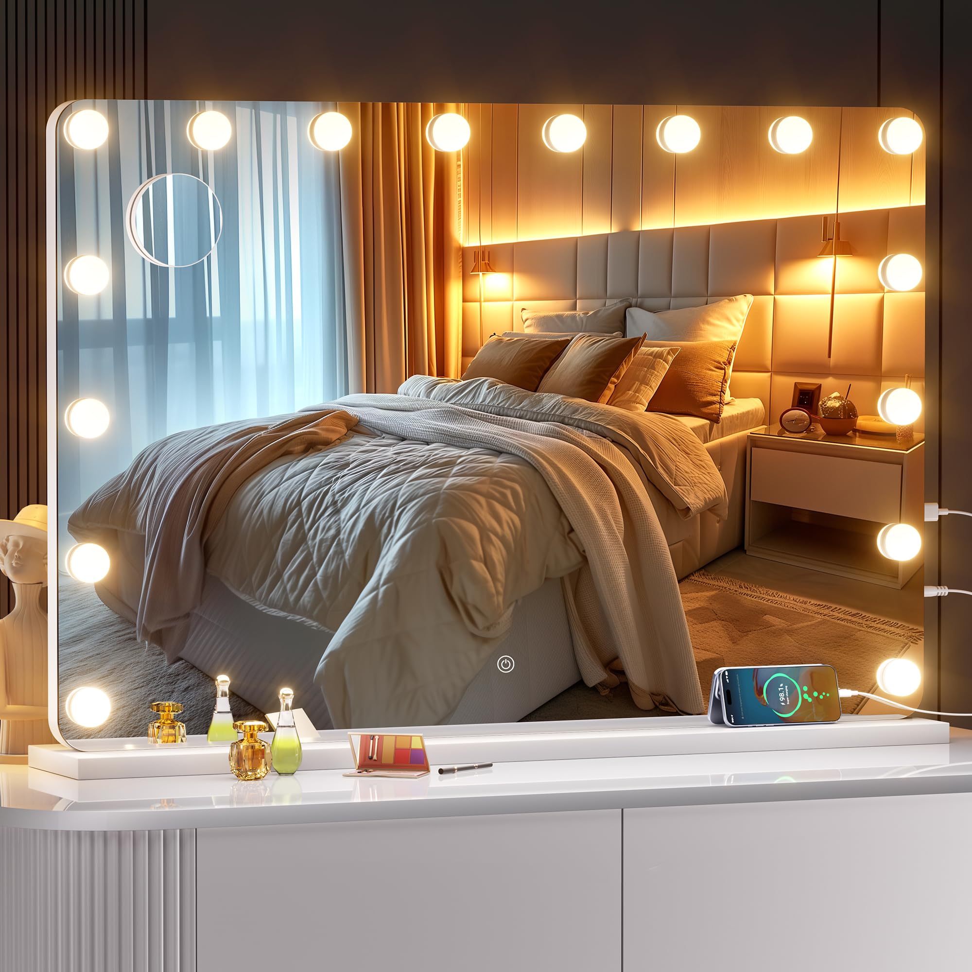 36''X24'' Hollywood Vanity Mirror With Lights, Lighted Makeup Mirror With 16 Dimmable Led Bulbs, 3 Color Lighting Modes & Steple