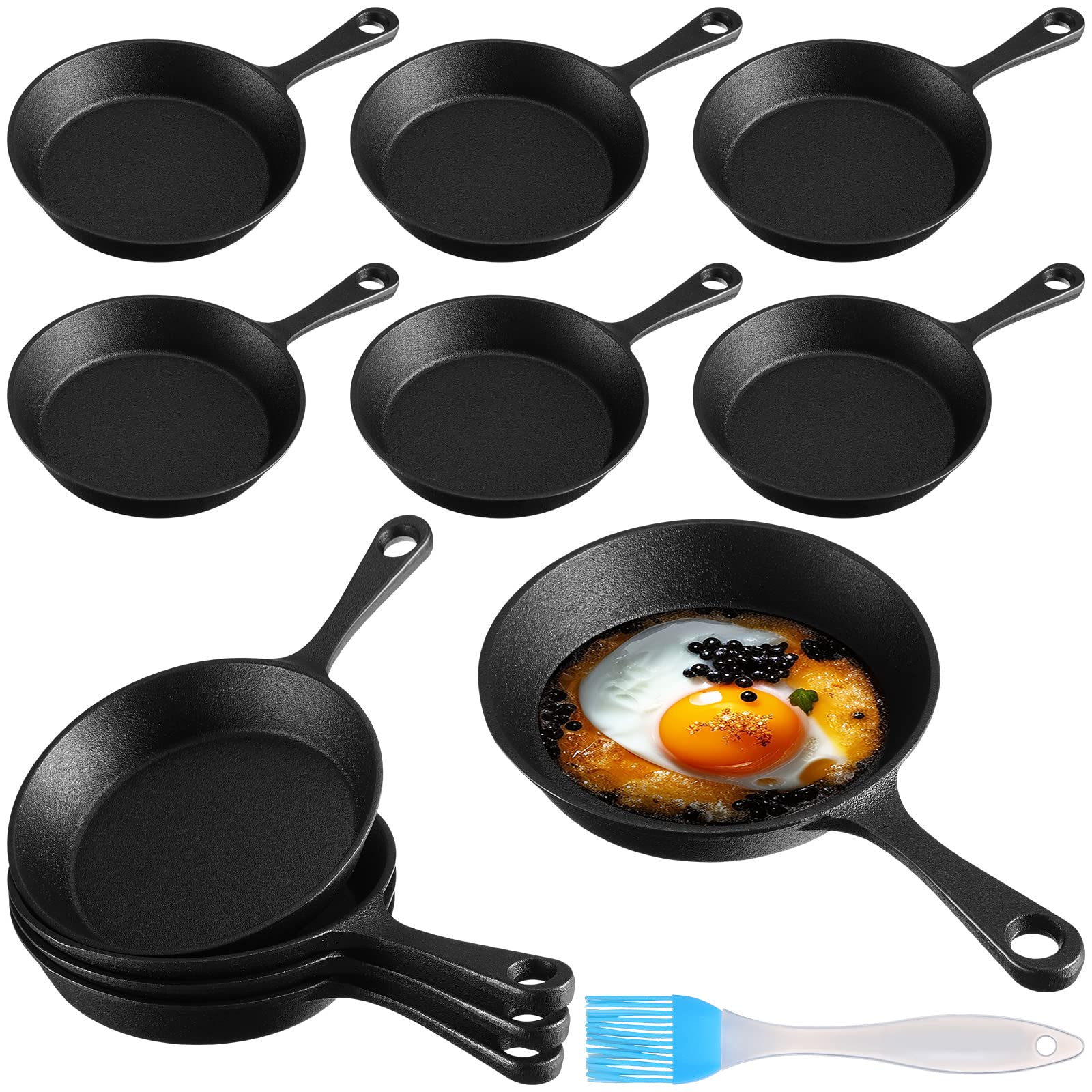 Skylety 10 Sets 6. 3 Inches Mini Cast Iron Skillets Small Black Sizzling Plate Cast Iron Skillets Frying Pan Set with Oil Brush 
