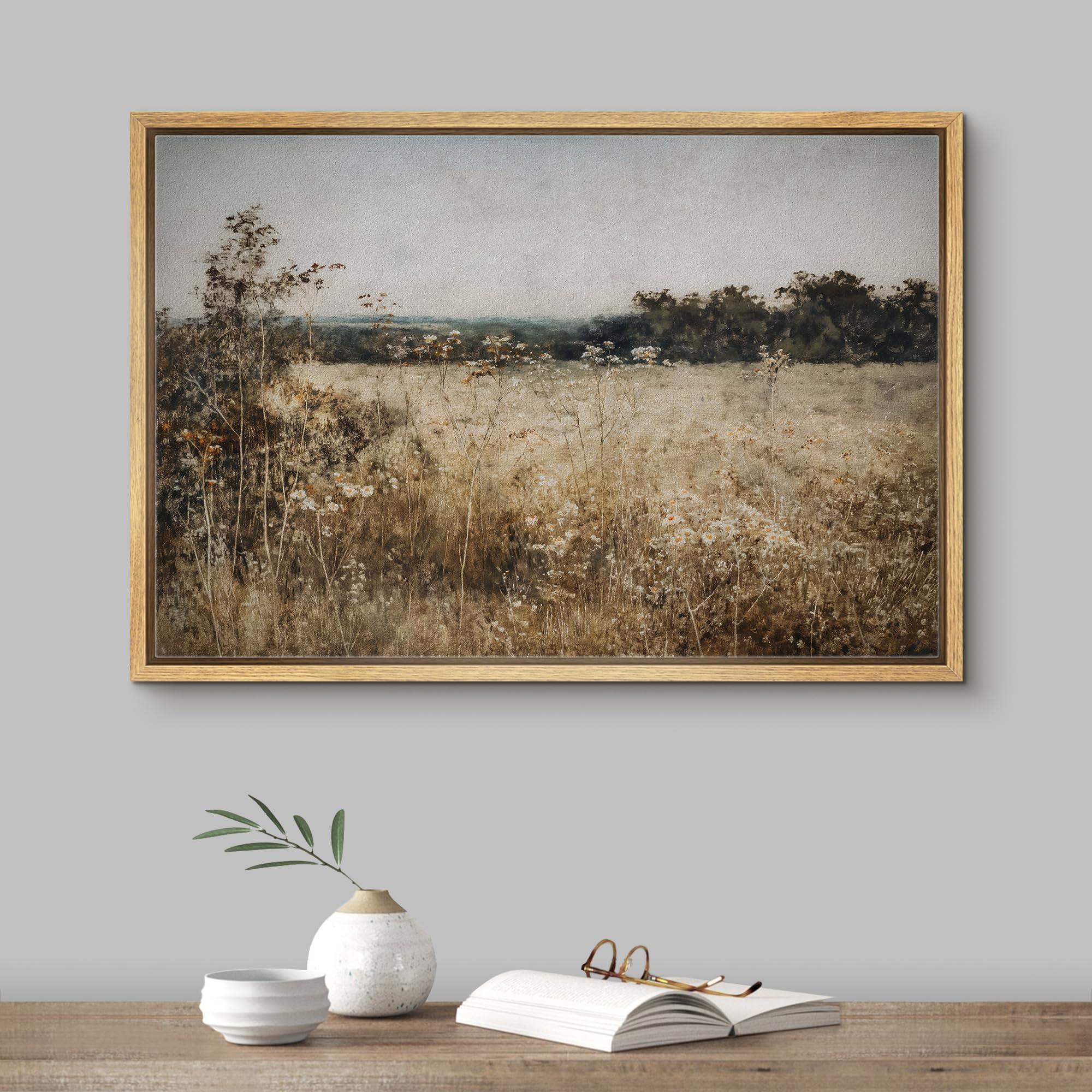 Signford Framed Canvas Print Wall Art Rustic Wildflower Meadow Landscape Nature Wilderness Illustrations Modern Art Decorative M