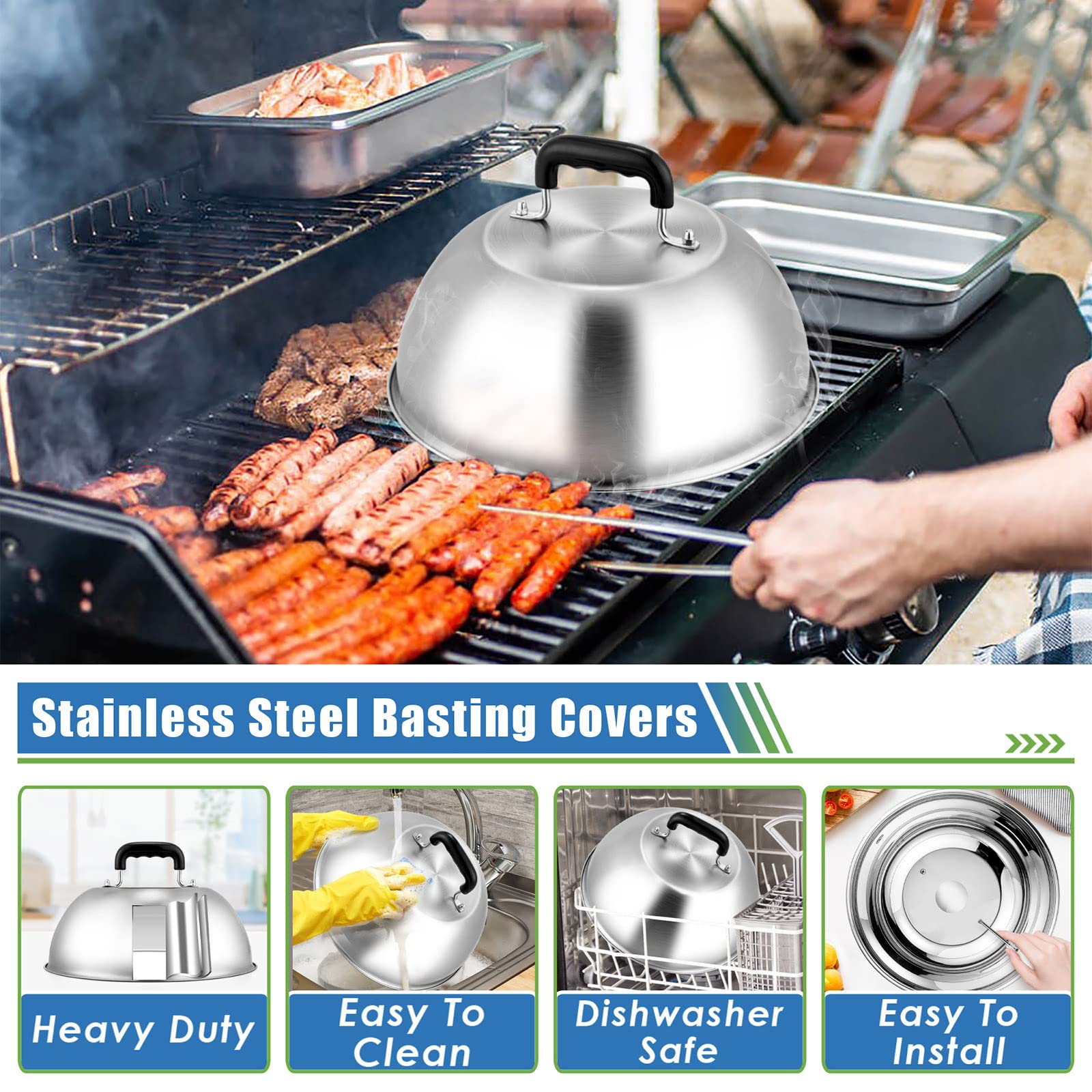 Cheese Melting Dome Set Of 2(12 Inch), Joyfair Large Stainless Steel Basting Cover For Griddle, Flat Top Grill Tools For Outdoor