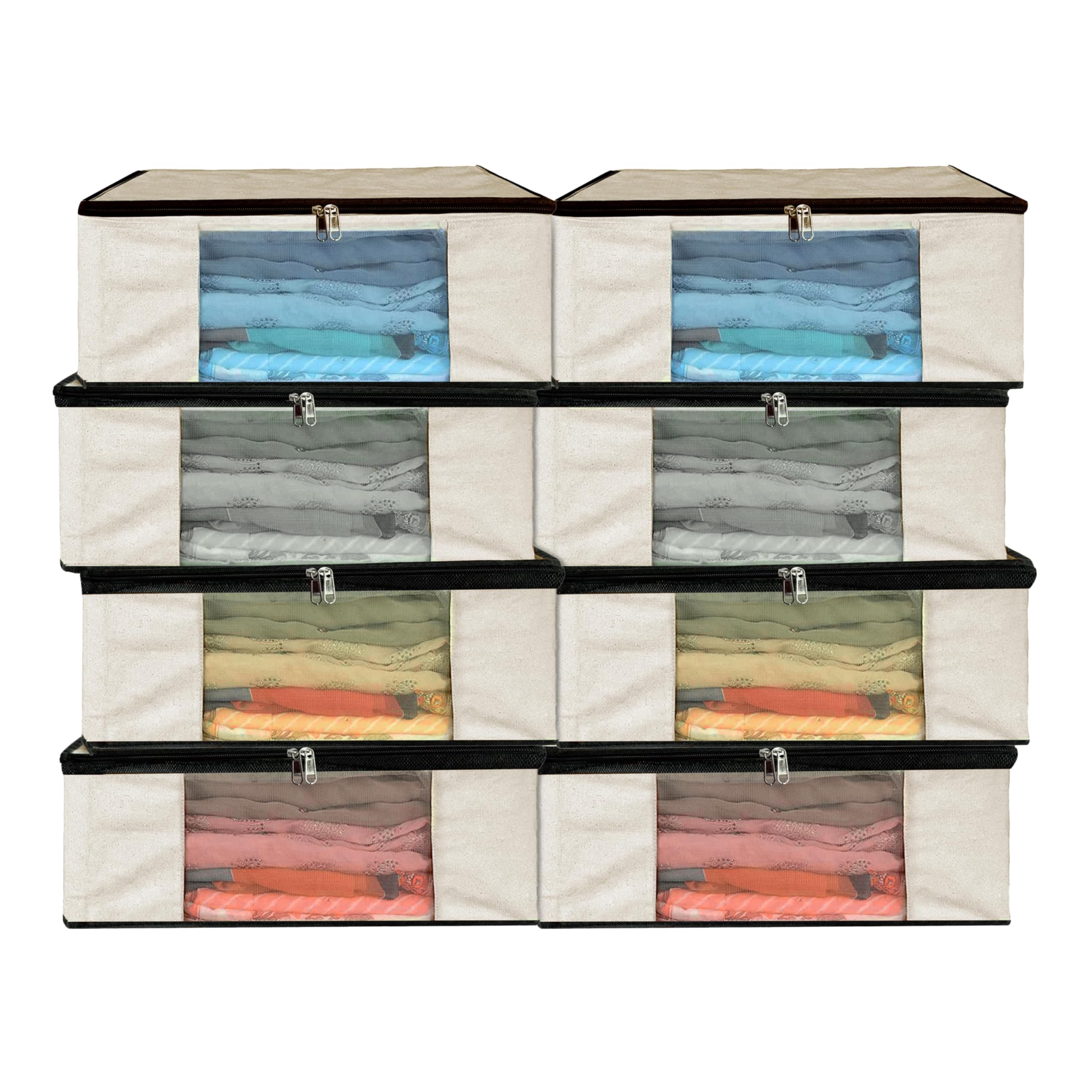 Storite 8 Pack Cotton Canvas Clothes Storage Bags/Saree Covers With Zip For Storage Specially Design For Woman Dresses, Sarees, 