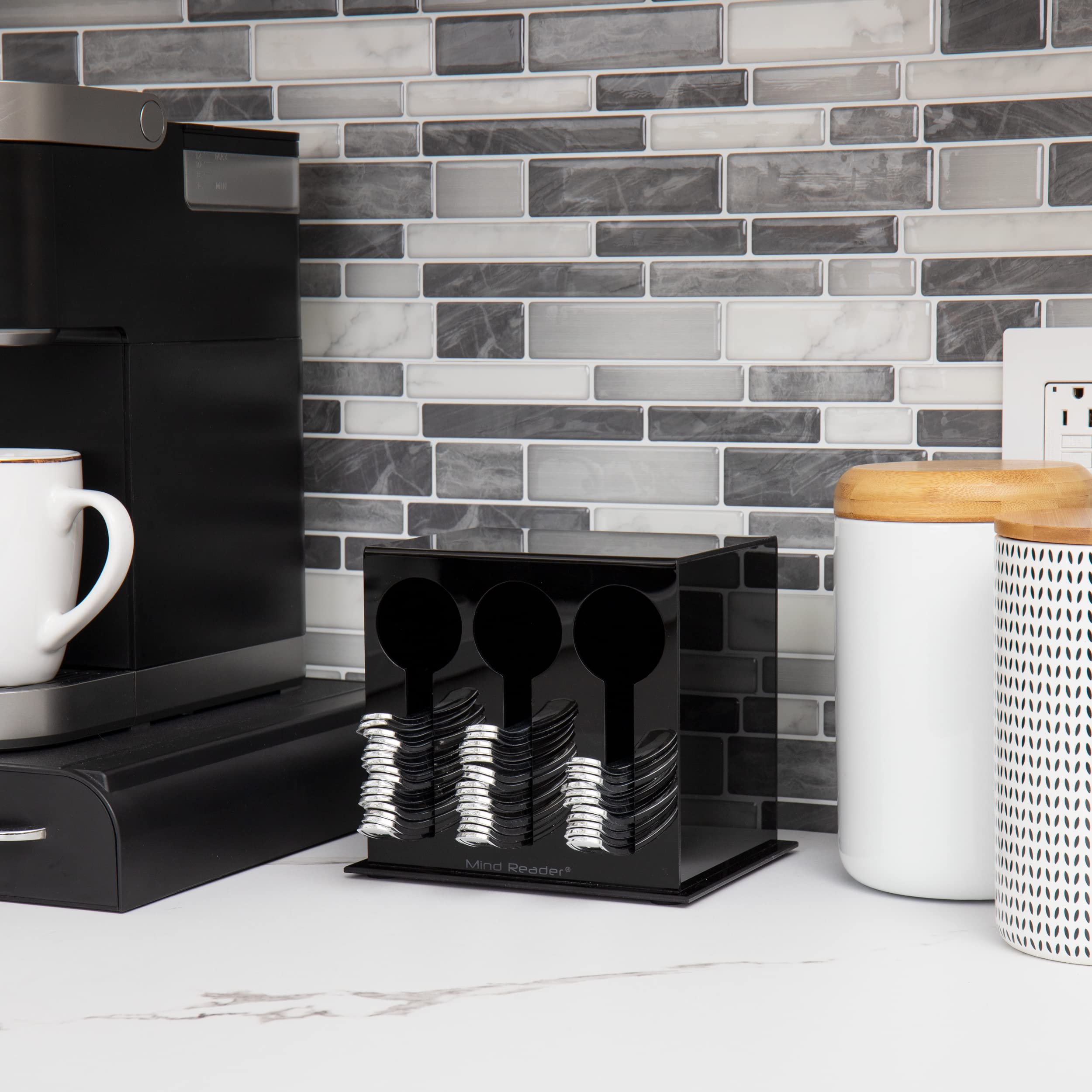 Mind Reader Utensil Dispenser, Silverware Organizer, Plastic Fork And Spoon Dispenser, Kitchen, 7'' L X 5.75'' W X 6'' H, Black