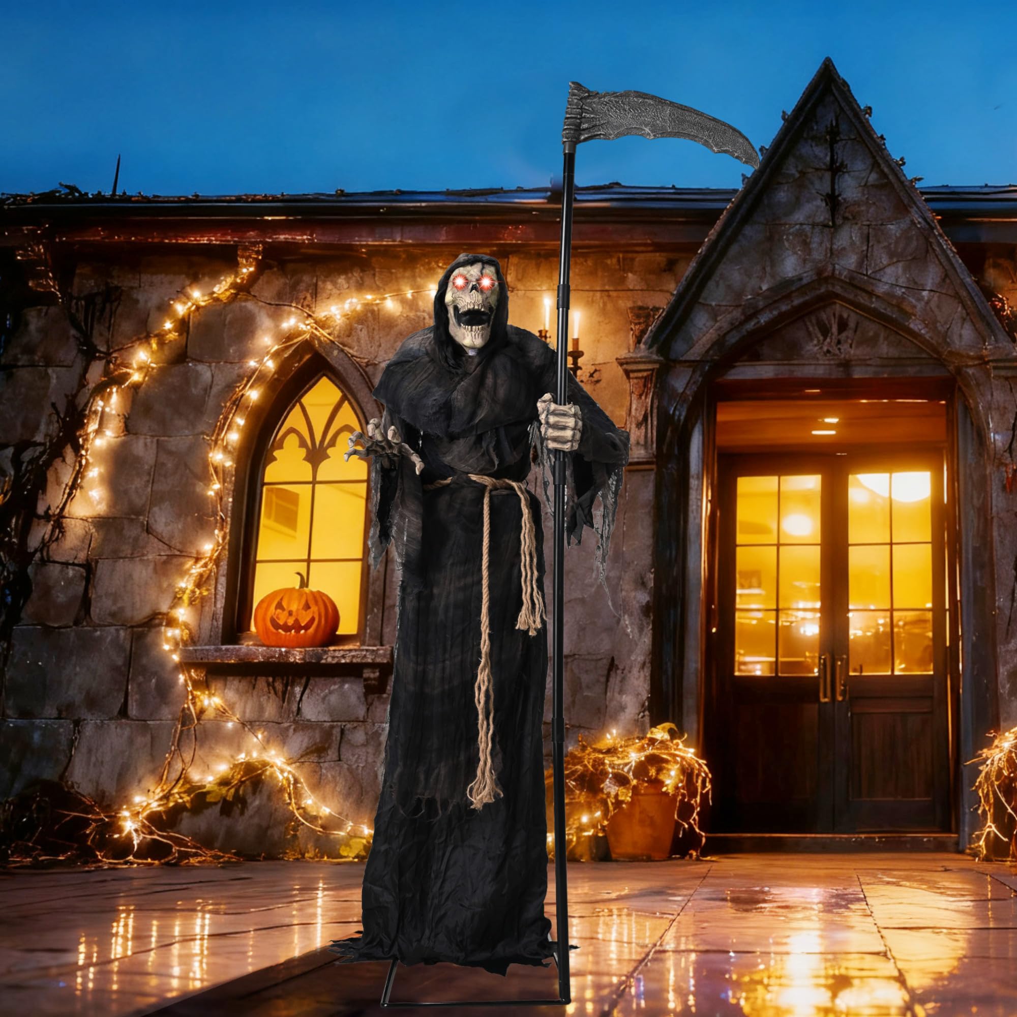 AW Halloween Animated Grim Reaper with Scythe Motion Sensor Glowing Eyes Spooky Sounds Volume Control AC Powered 100V-240V for O