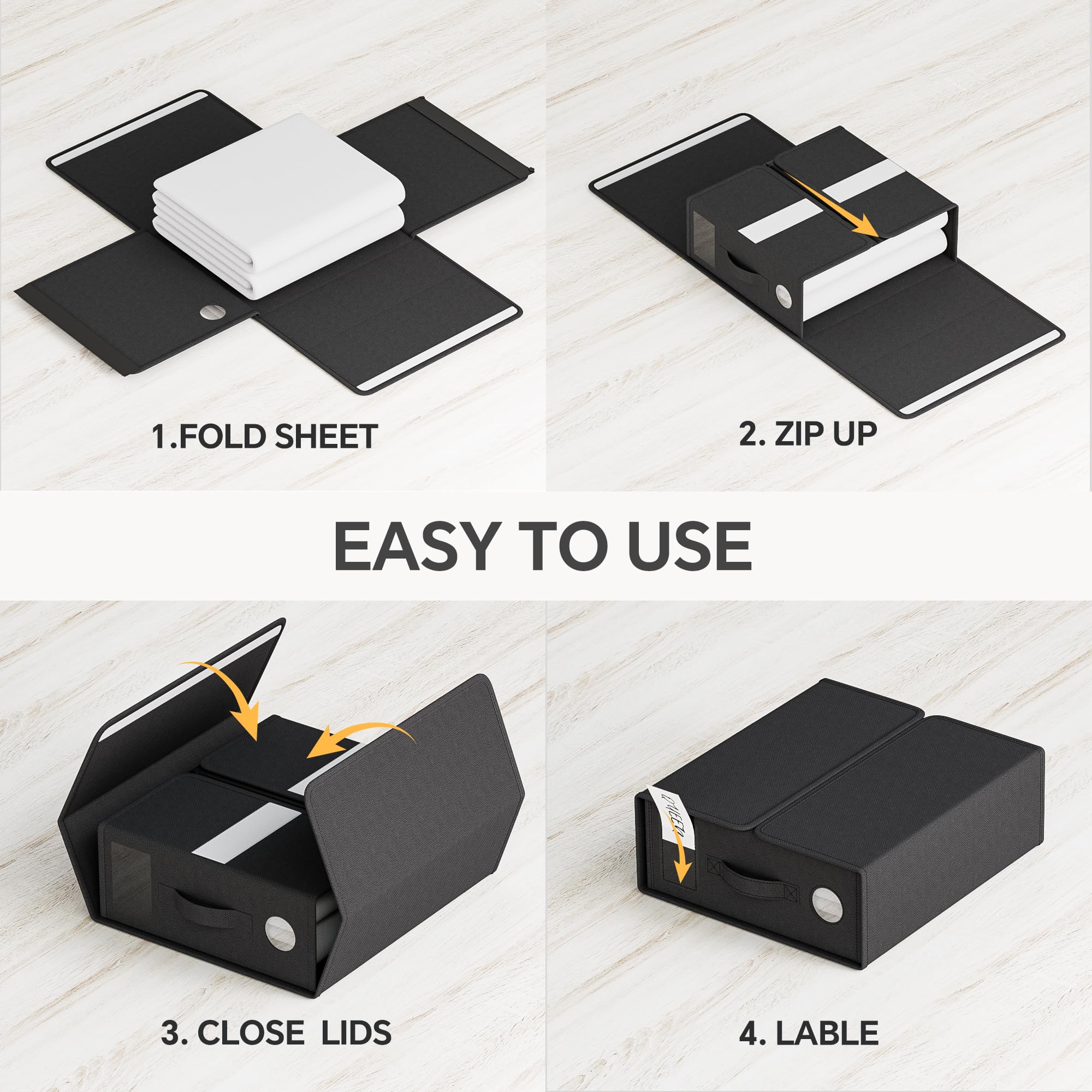 TRZZ Sheet Organizers and Storage, 2-Pack, Queen/King Size (Black), Sheet Organizer, Foldable Fabric Storage Bins for Bed Sheets