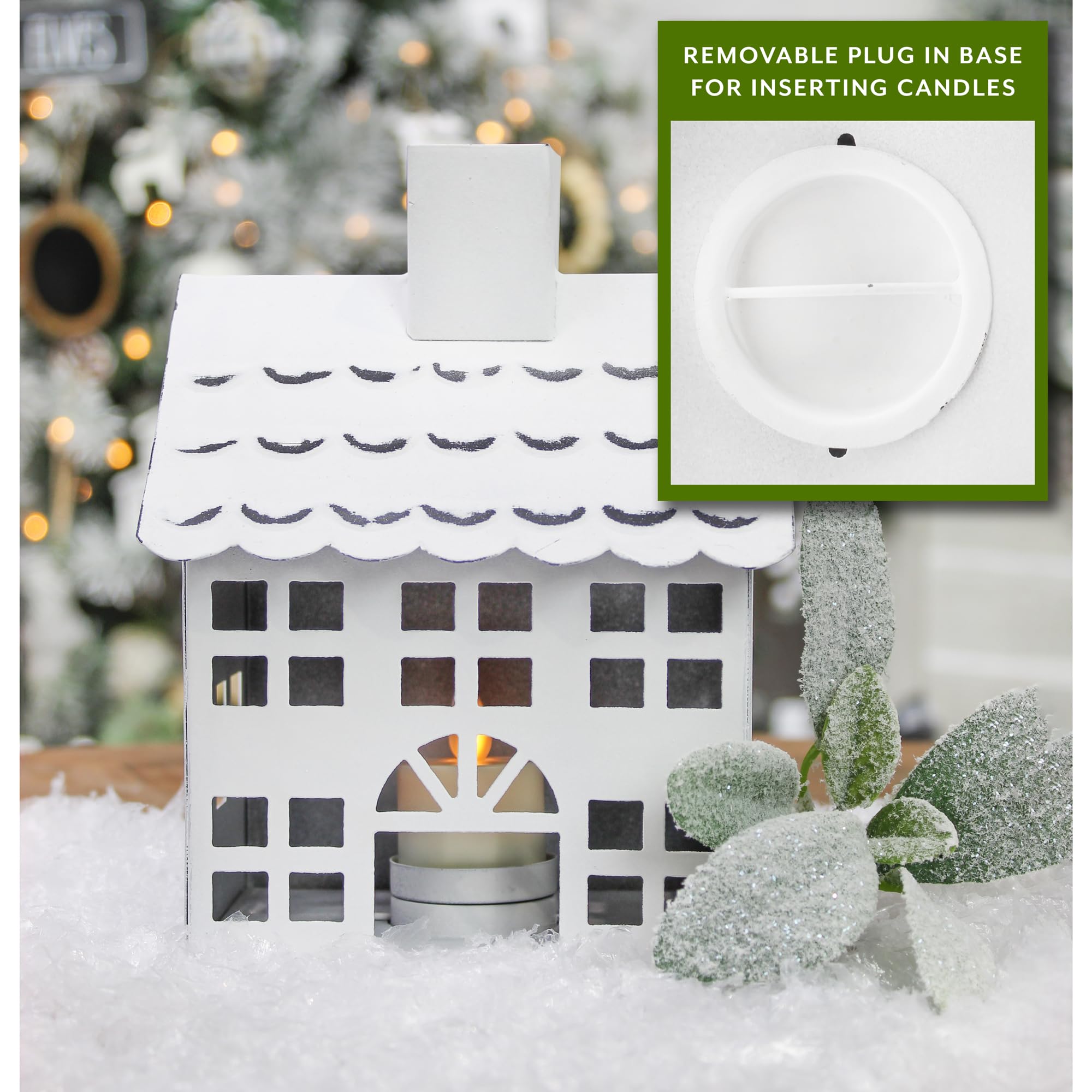 AuldHome Design Farmhouse Christmas Village Collection #2 w/Church, Barn and School (Set of 3, White); Candle Lantern Decorative