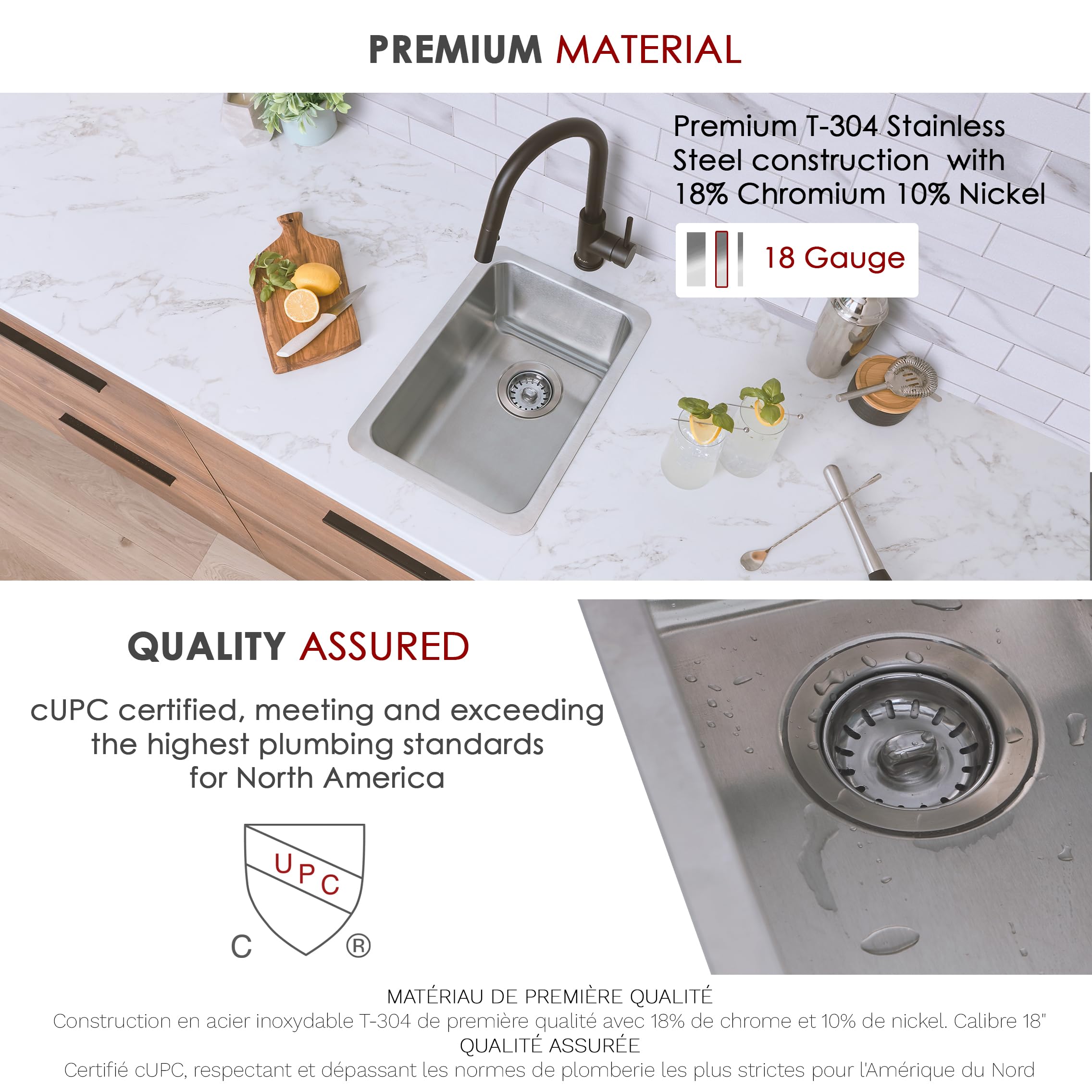 Stylish 12 1/2 X 18 Inch Undermount  Or Drop-In 18 Gauge Stainless Steel Single Bowl Kitchen Sink 7 Inches Deep With Standard Me