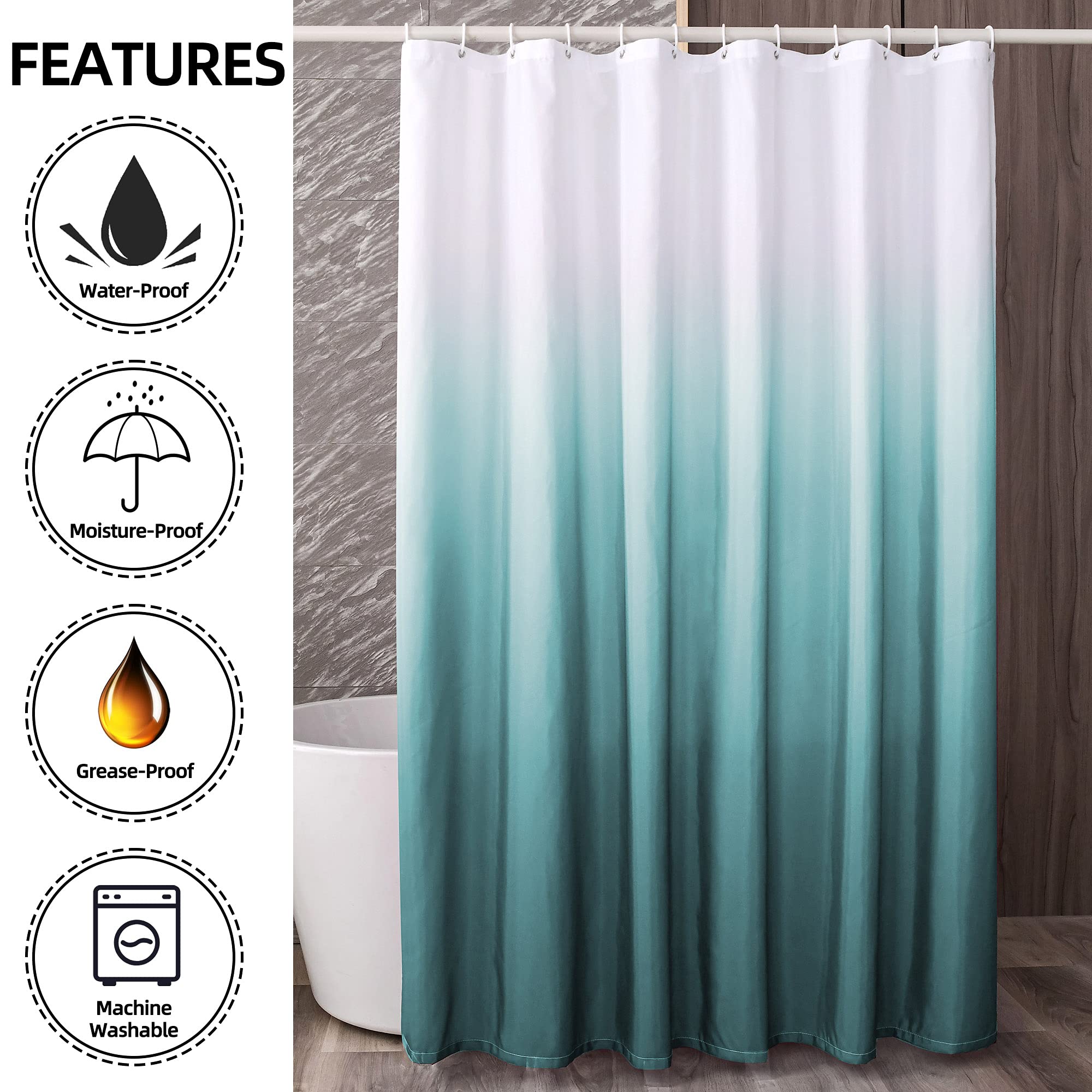 YI & ZE Teal Blue Ombre Shower Curtain Sets for Bathroom Accessories Fabric Polyester Waterproof Modern Shower Curtain Liner with 12 Hooks W72xL72