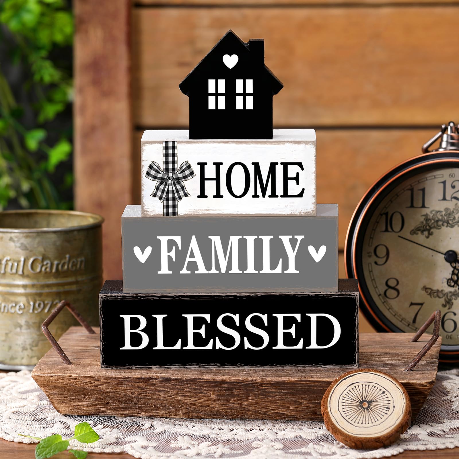 Cinnvoice Rustic Farmhouse Table Decor Blessed Signs for Home Decor Neutral Home Family Wood Sign Black and White Modern Tableto