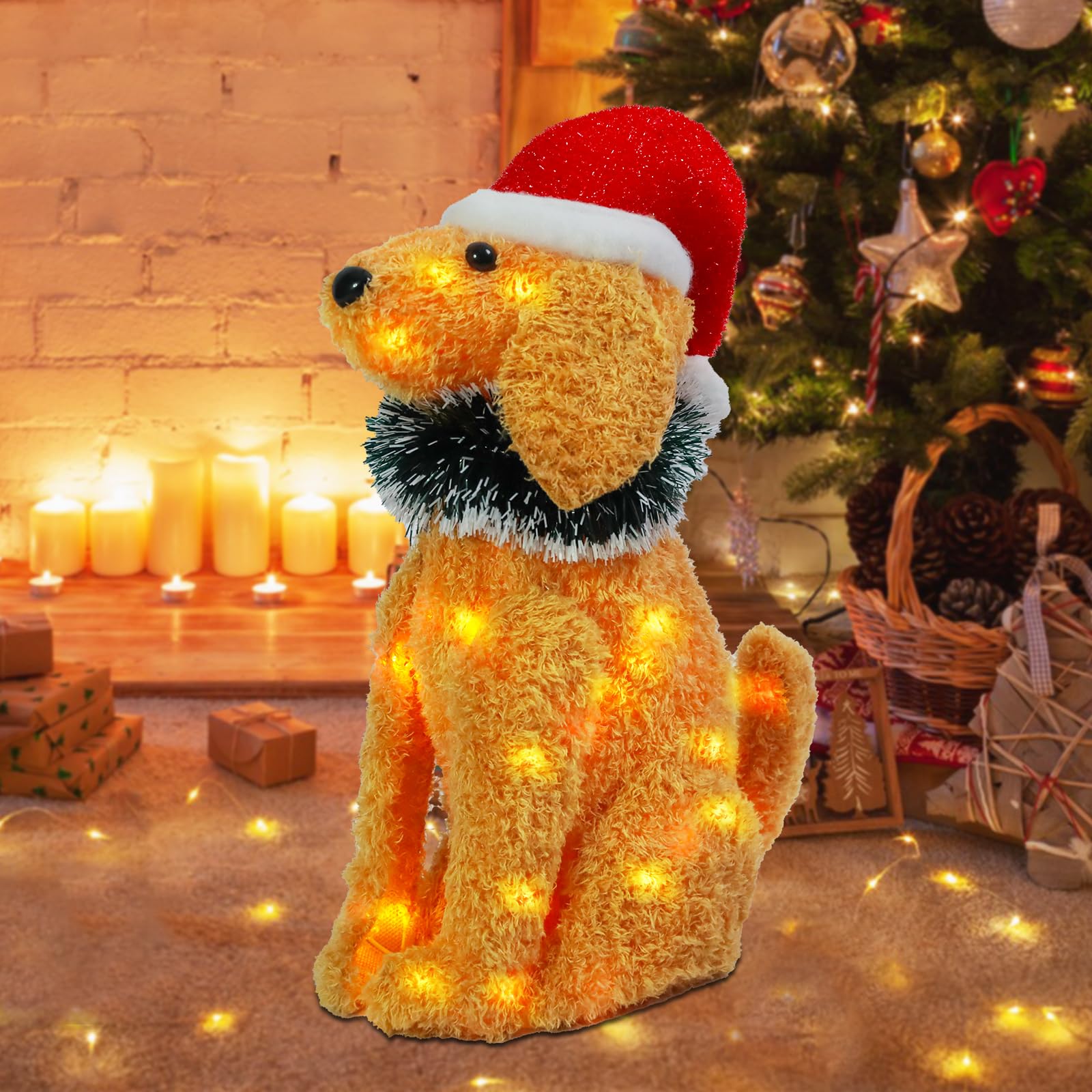 Christmas Lighted Dog Decoration Pre-lit 3D Glittered Fluffy Puppy Battery Operated Lighted Up Sitting Ornament Outdoor Indoor C