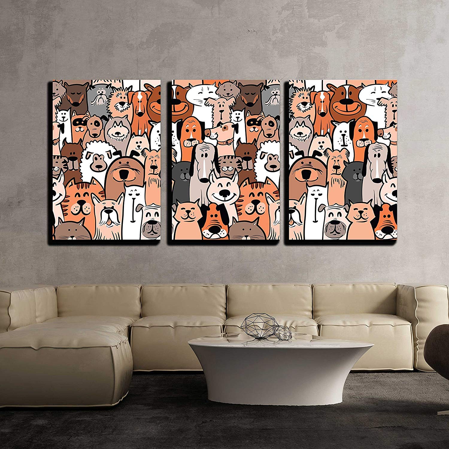 Wall26 - 3 Piece Canvas Wall Art - Doodle Dogs And Cats Seamless Pattern - Modern Home Art Stretched And Framed Ready To Hang -