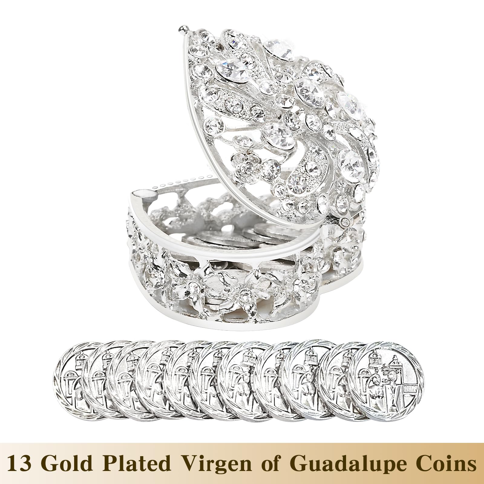 Wedding Arras Coins Set, Arras De Boda Catolica, Arras Para Boda Catolica Silver Heart Shaped Box with Decorative Rhinestone Cry