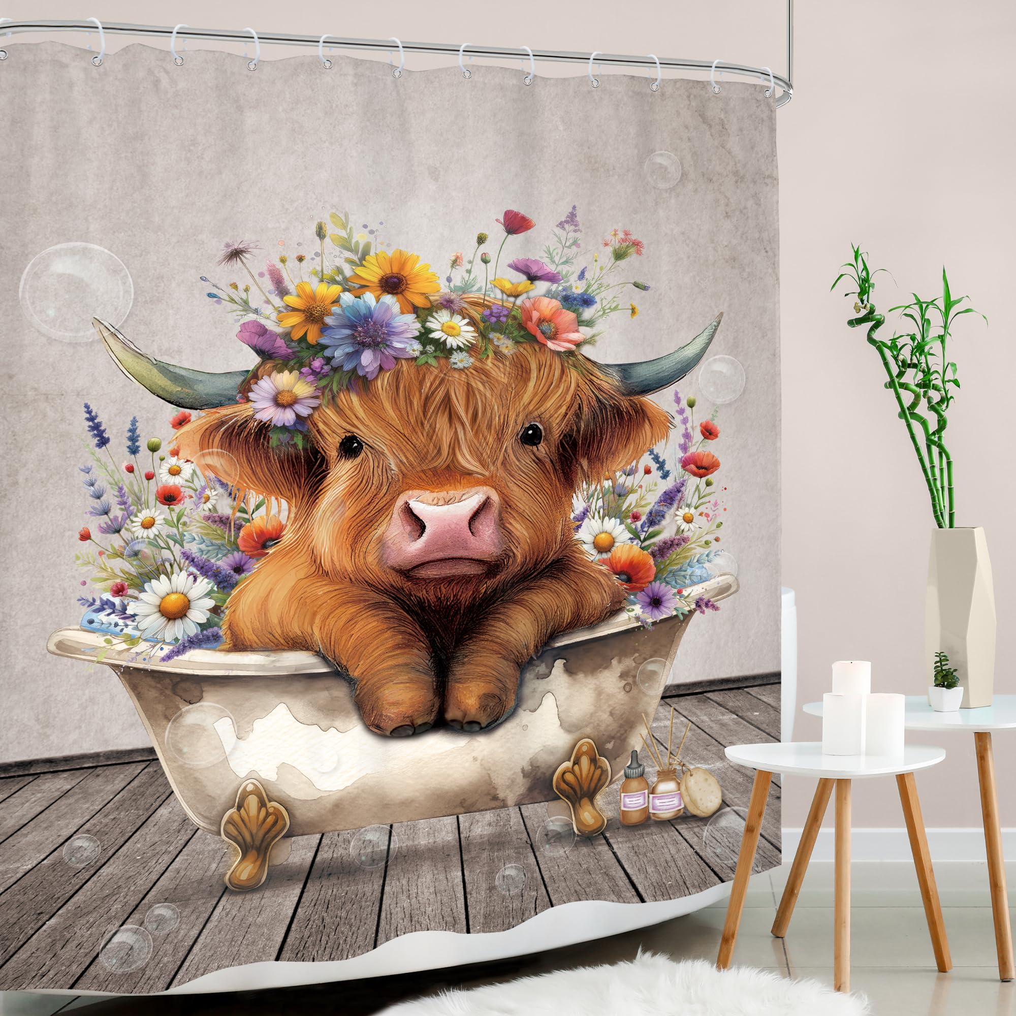 Mitpok Farmhouse Highland Cow Shower Curtain Cute Funny Rustic Floral Bull In Bath Vintage Spring Country Calf Farm Animal Wood