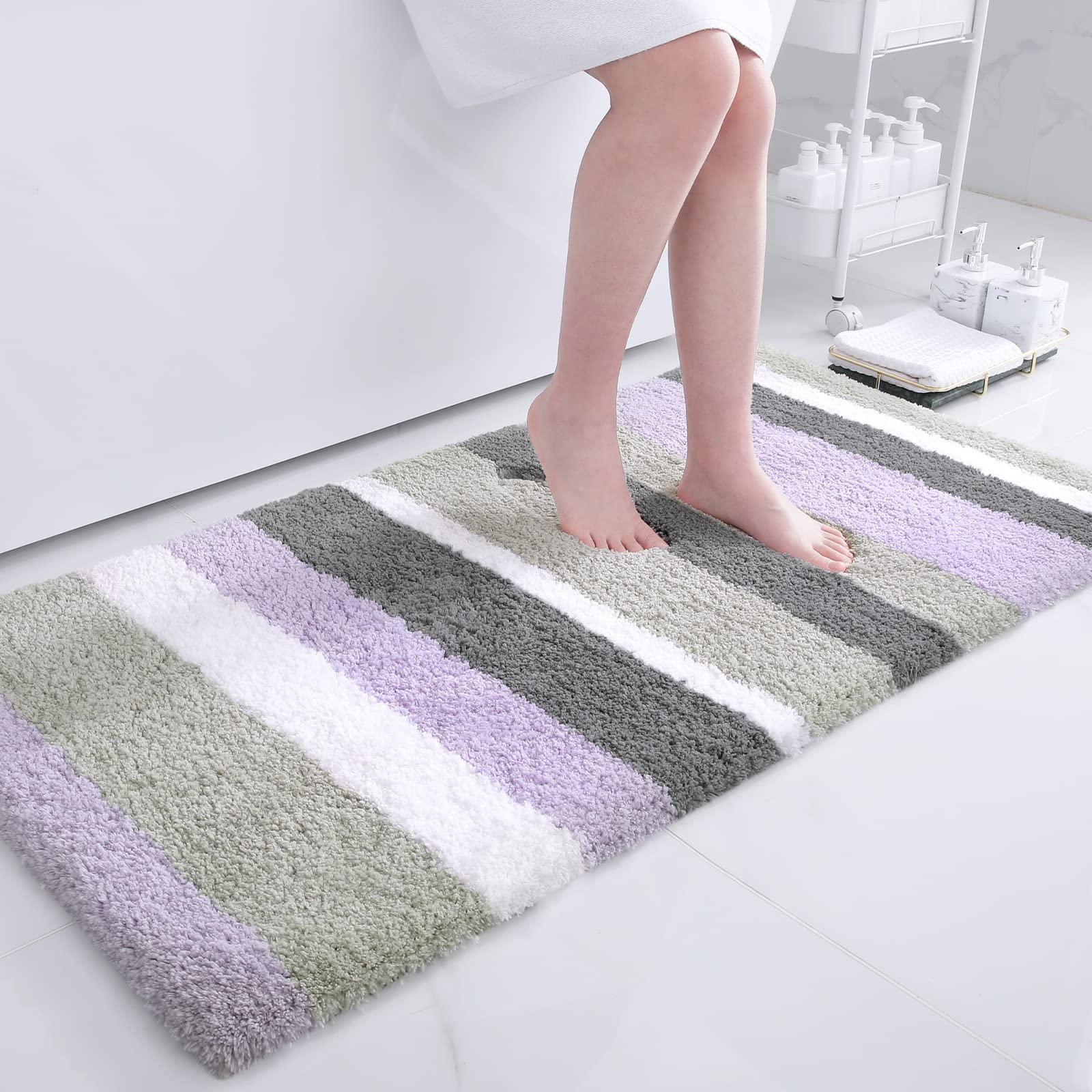 Buganda Microfiber Striped Bathroom Rugs Bath Mat, Extra Thick, Soft And Shaggy, Absorbent, Machine Washable, Anti-Slip Bath Rug