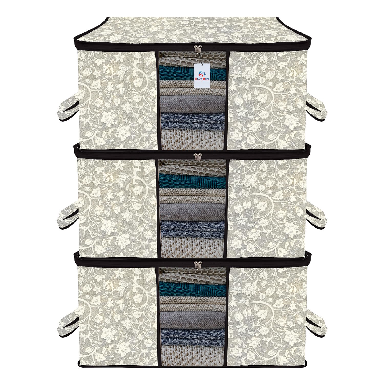 Heart Home Underbed Storage Bag|NonWoven Floral Print Blanket Cover|Razai Cover|Duvet Cover Transparent Window & Handle|Large|P
