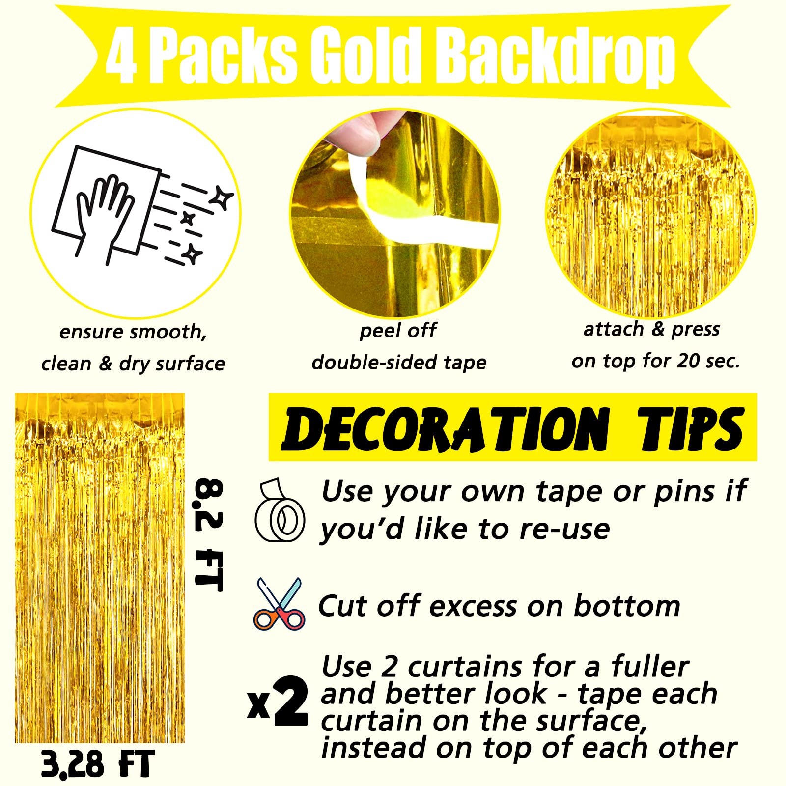 4 Pack Gold Fringe Curtain Backdrop  3.2Ft x 8.2Ft Metallic Tinsel Foil Fringe Streamers Curtains Background for Photo Booth Birthday Wedding Baby Shower Party Thanksgiving Christmas Decorations