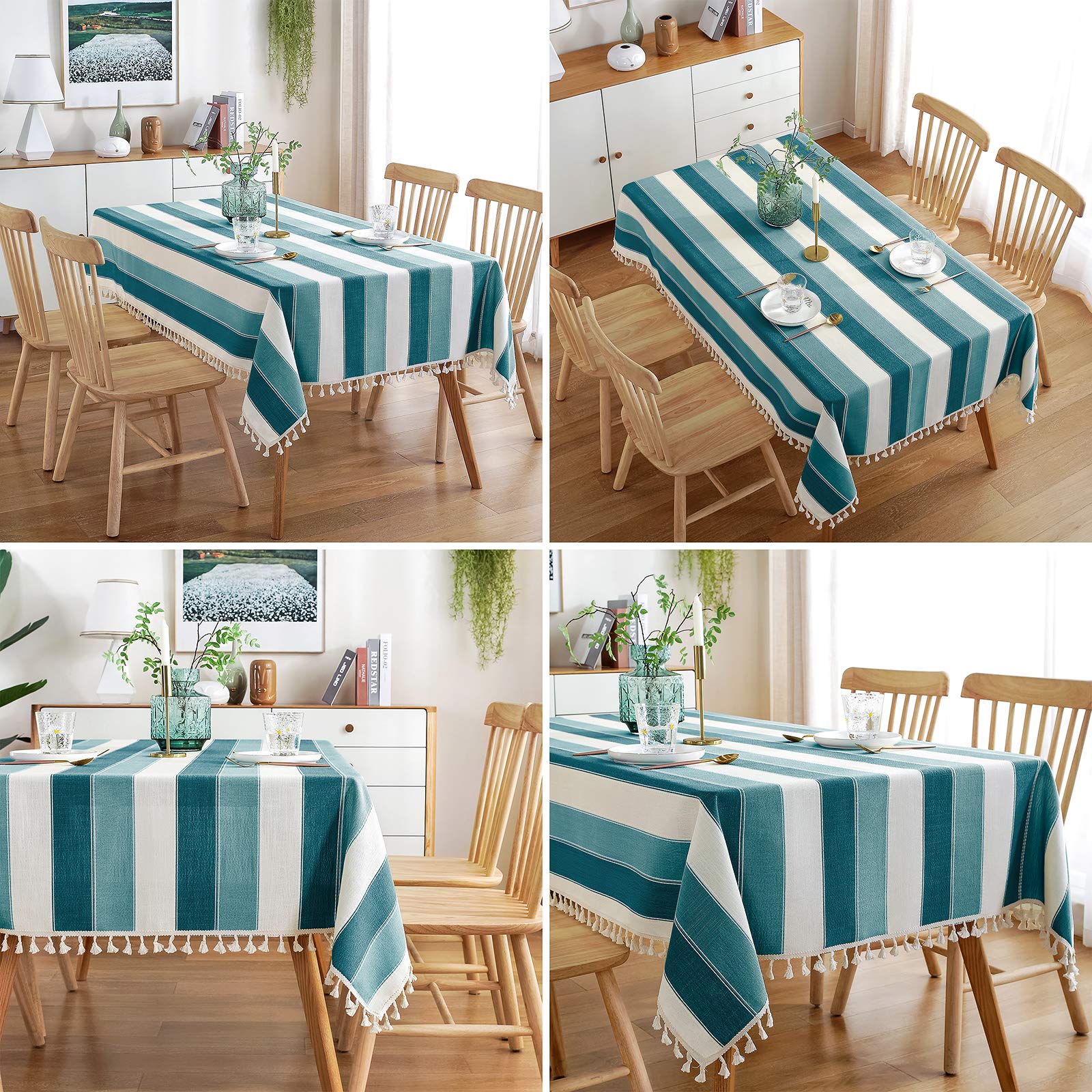Amhoo Striped Tassel Tablecloth Stitching Rectangle Table Cloth Cotton Linen Fabric Table Cover For Kitchen Dinning Tabletop 55