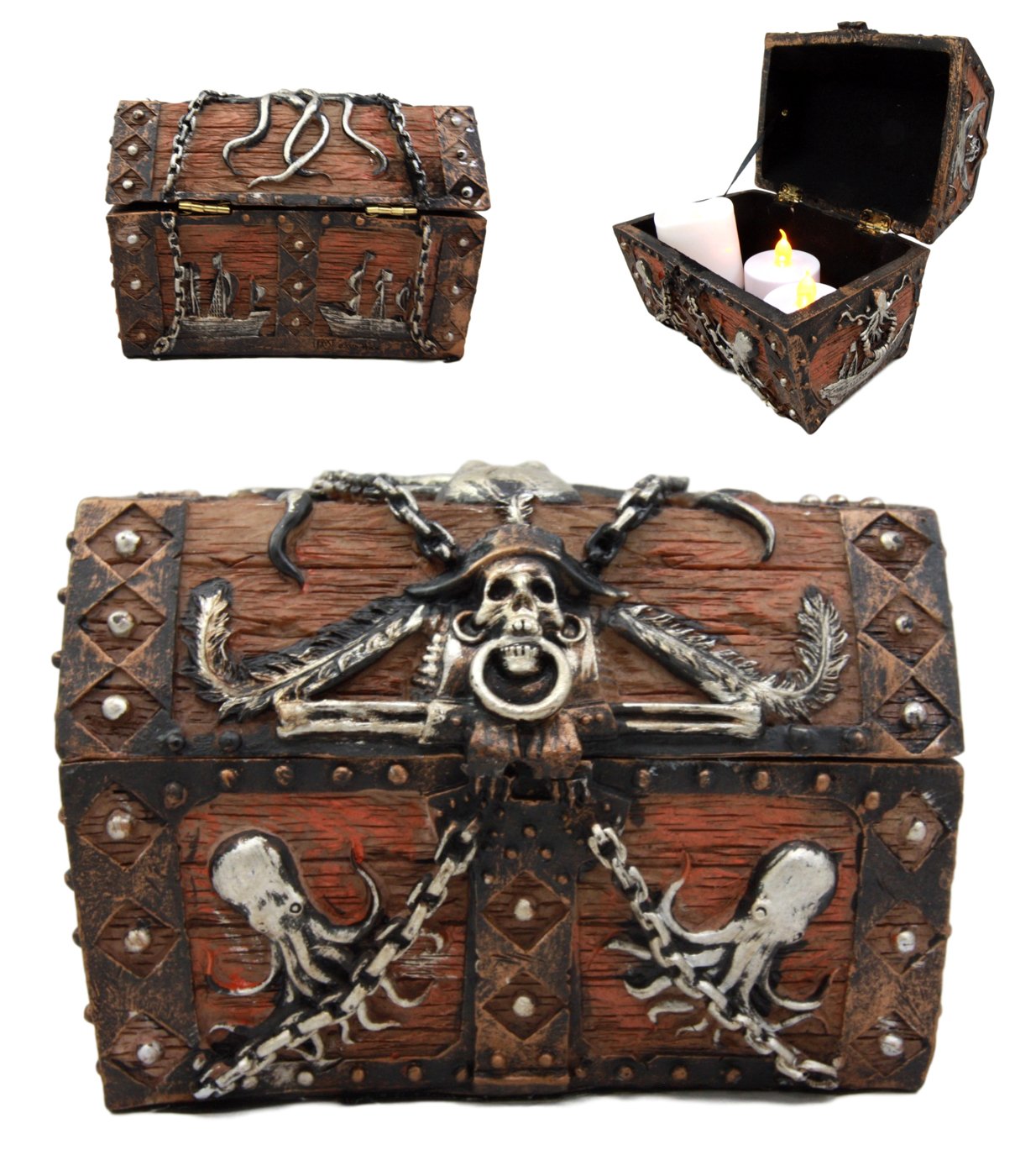 Ebros Gift Caribbean Kraken Octopus Pirate Haunted Chained Skull Decorative Treasure Chest Box Jewelry Box Figurine 5Long Nautic