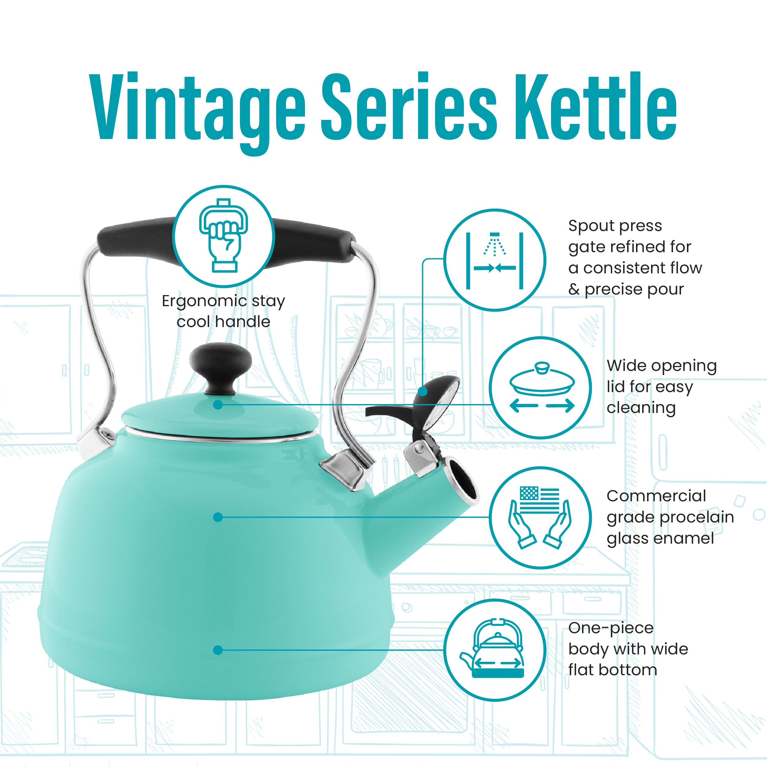 Chantal Tea Kettle, 1.7 Qt, Vintage Series, Premium Enamel On Carbon Steel, Whistling, Even Heating & Quick Boil (Aqua)